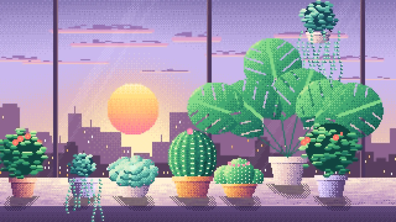 Lavender Pixel Art Succulent and Cactus Windowsill at Sunset desktop wallpaper in 4K