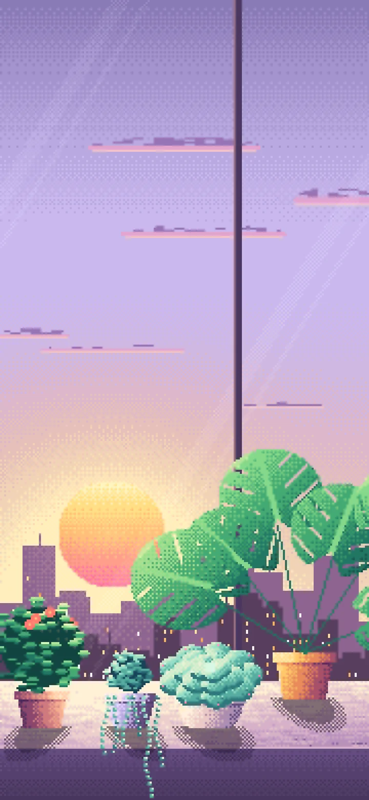 Lavender Pixel Art Succulent and Cactus Windowsill at Sunset wallpaper for iPhone and Android