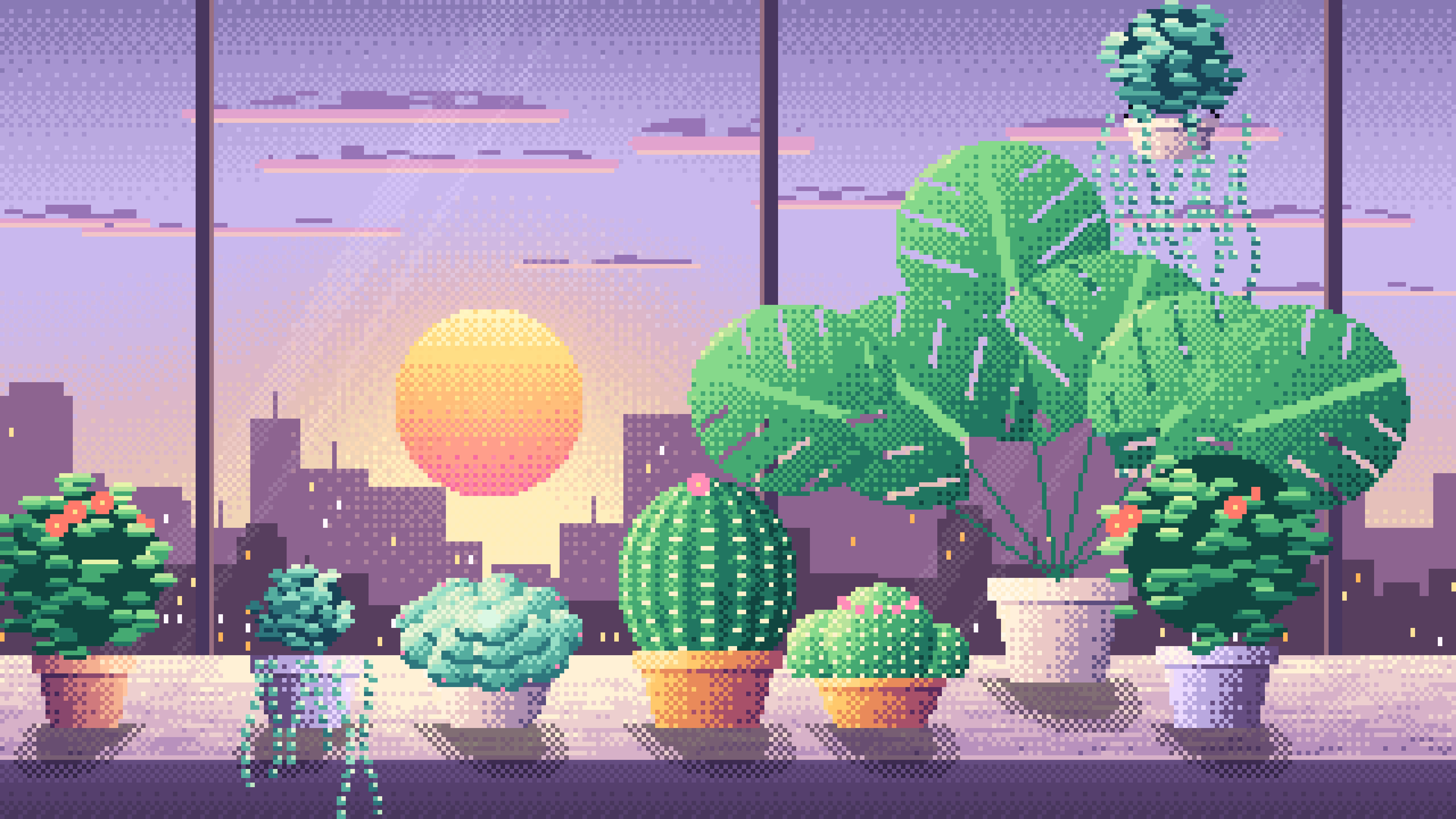 Lavender Pixel Art Succulent and Cactus Windowsill at Sunset desktop wallpaper in 4K
