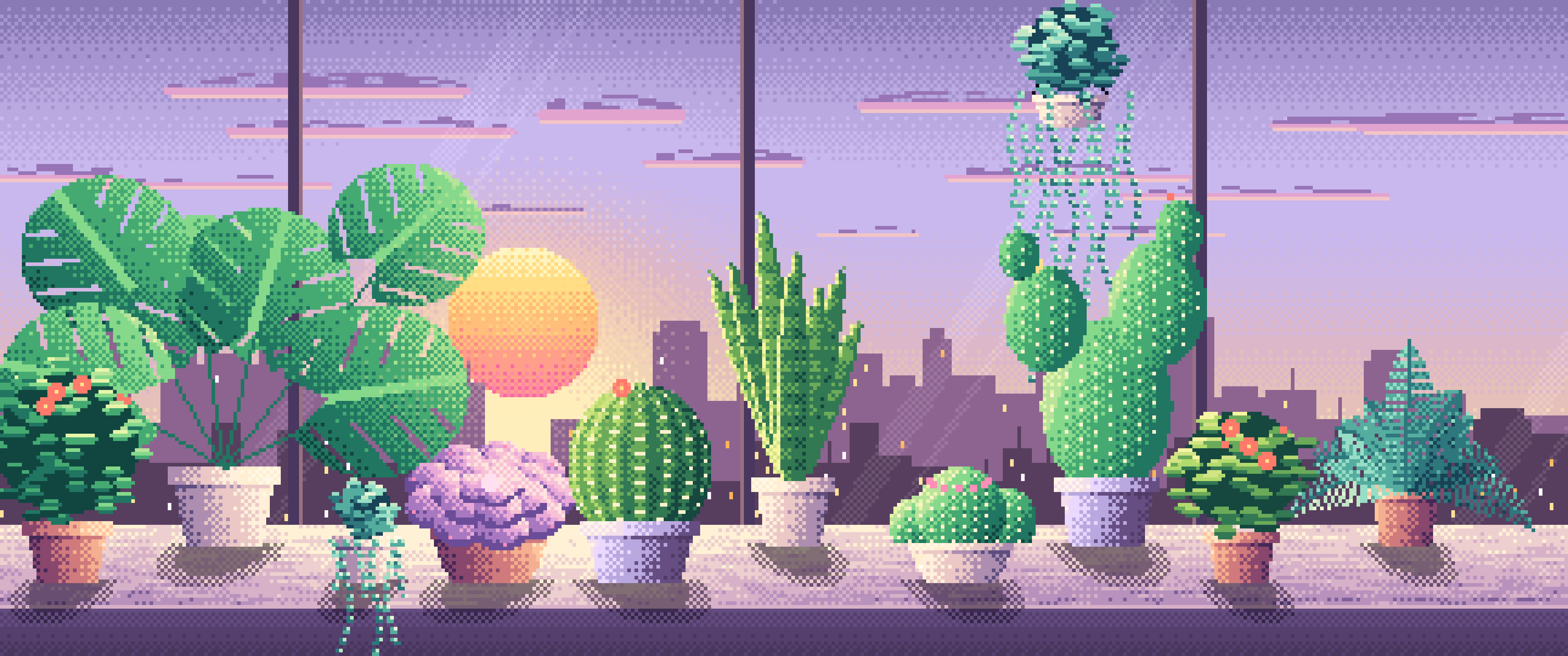 Lavender Pixel Art Succulent and Cactus Windowsill at Sunset ultrawide wallpaper, 3440 × 1440