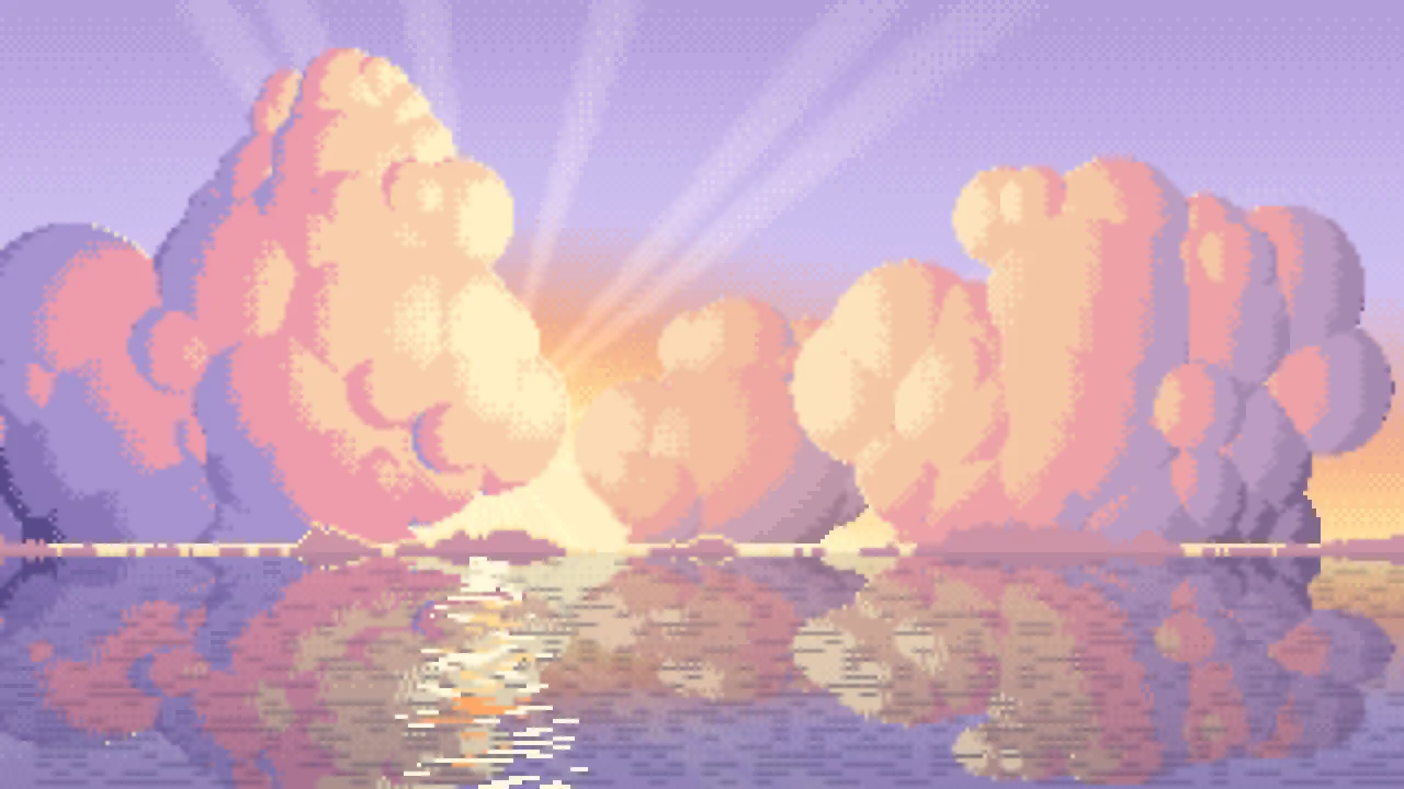 Lavender Pixel Art Sunset Clouds Over the Ocean desktop wallpaper in 4K