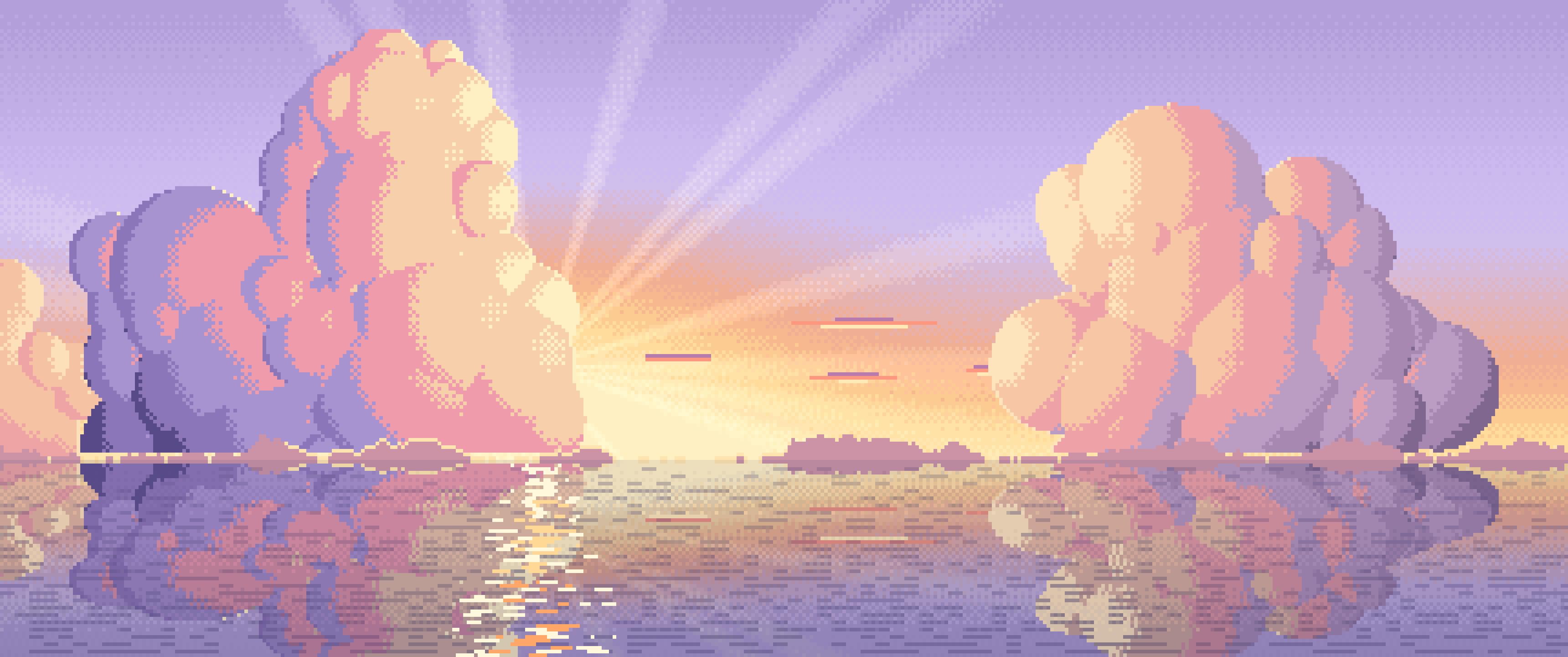 Lavender Pixel Art Sunset Clouds Over the Ocean ultrawide wallpaper, 3440 × 1440