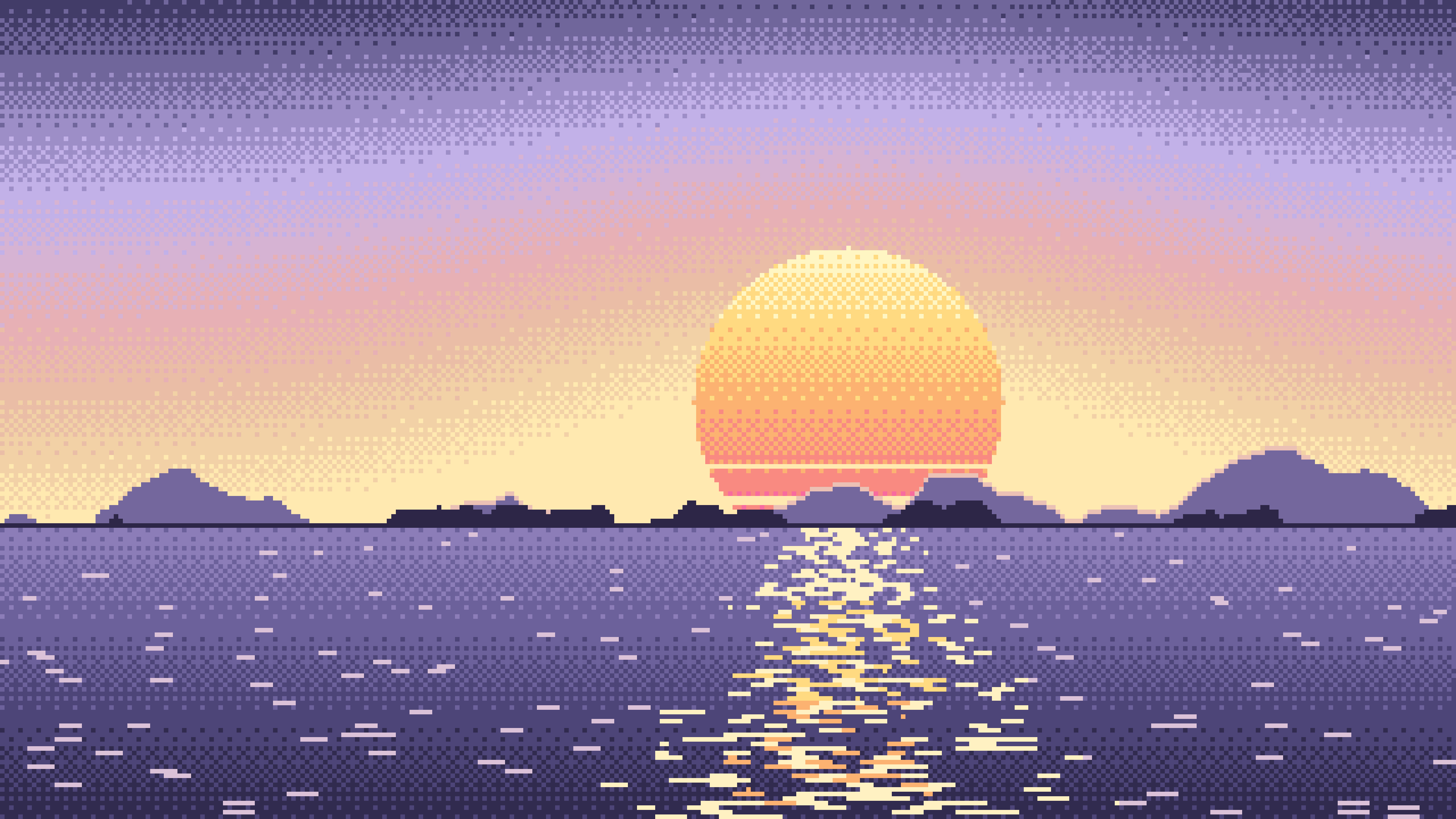 Lavender Pixel Art Sunset desktop wallpaper in 4K