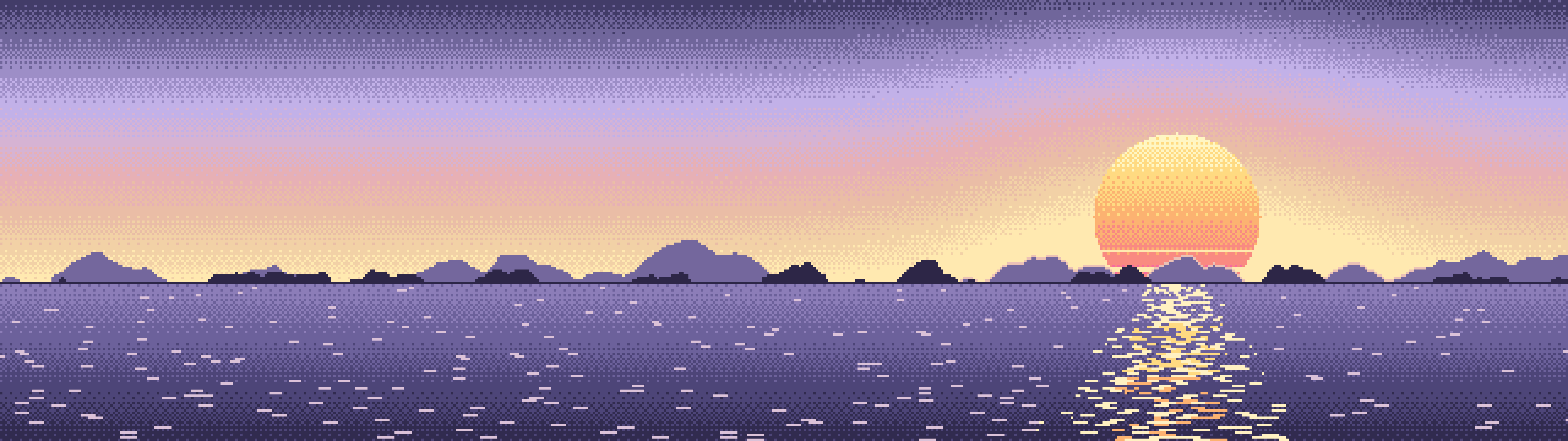Lavender Pixel Art Sunset dual monitor wallpaper, 7680 × 2160