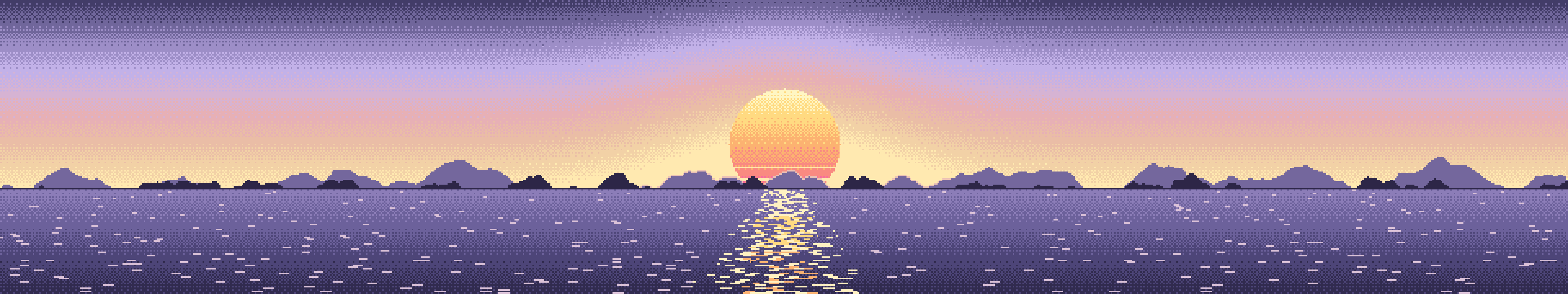 Lavender Pixel Art Sunset triple monitor wallpaper, 7680 × 1440