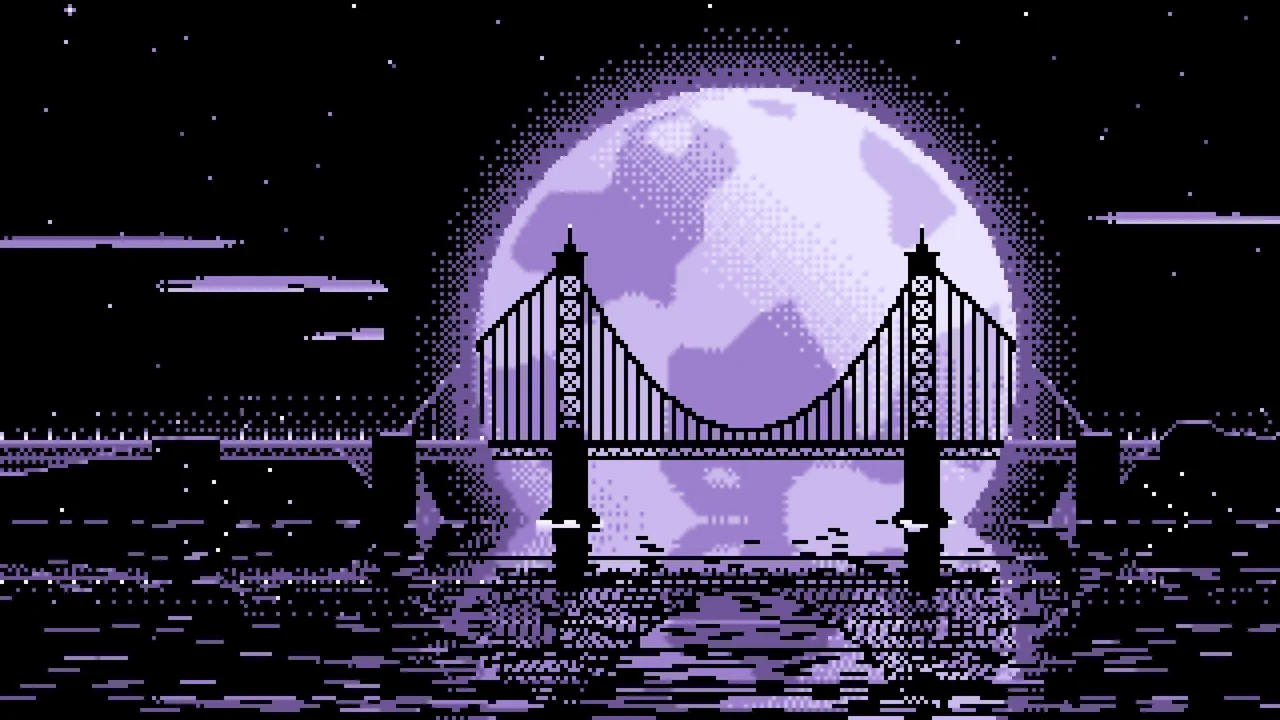 Lavender Pixel Art Suspension Bridge and Full Moon desktop wallpaper in 4K