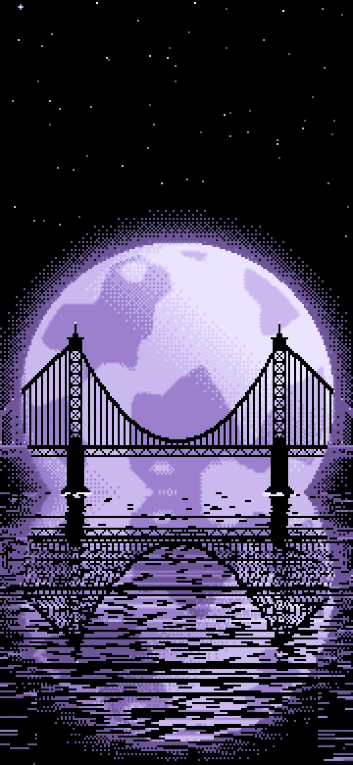 Lavender Pixel Art Suspension Bridge and Full Moon wallpaper for iPhone and Android