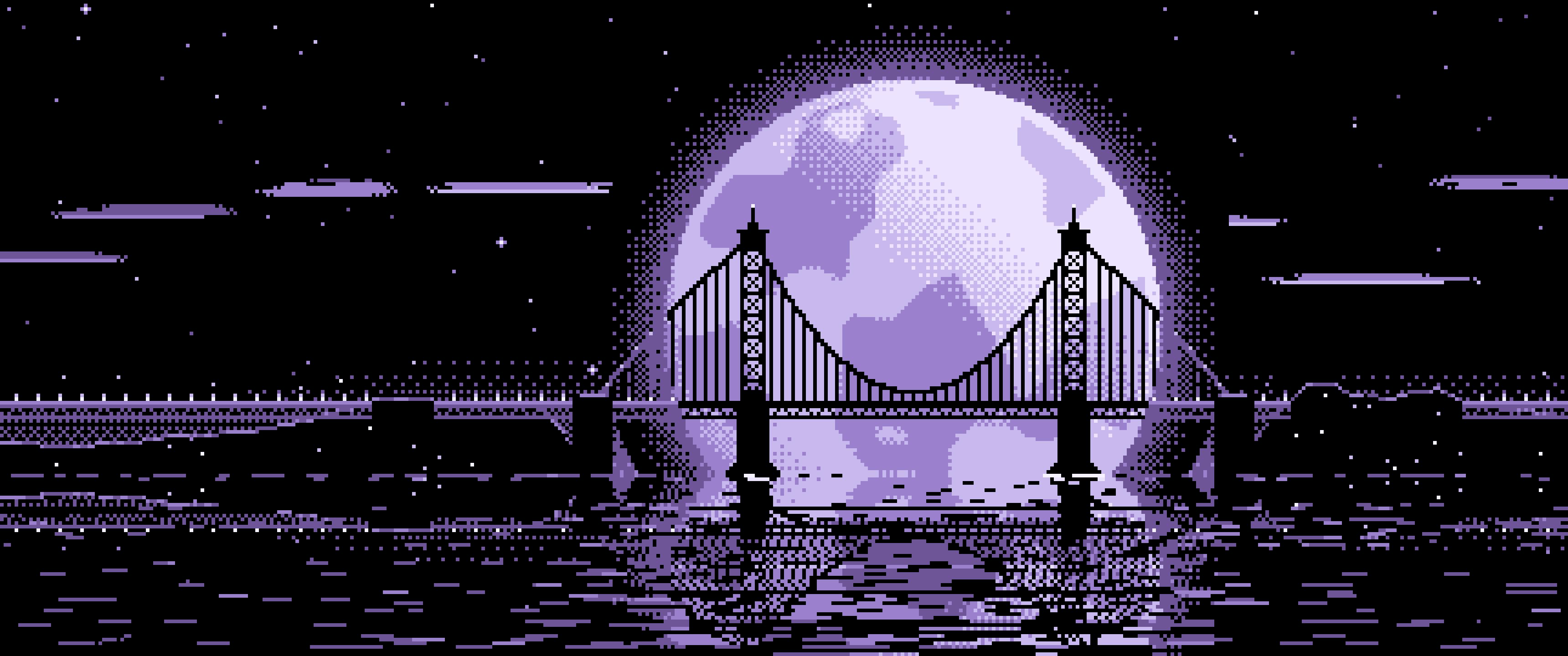 Lavender Pixel Art Suspension Bridge and Full Moon ultrawide wallpaper, 3440 × 1440