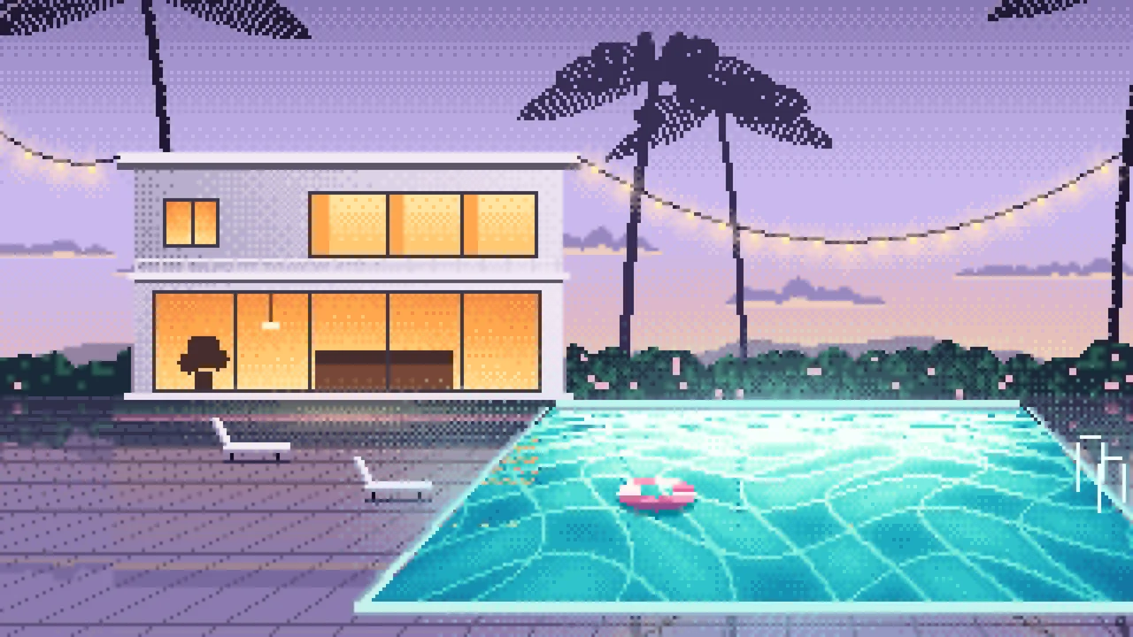 Lavender Pixel Art Swimming Pool at Dusk desktop wallpaper in 4K