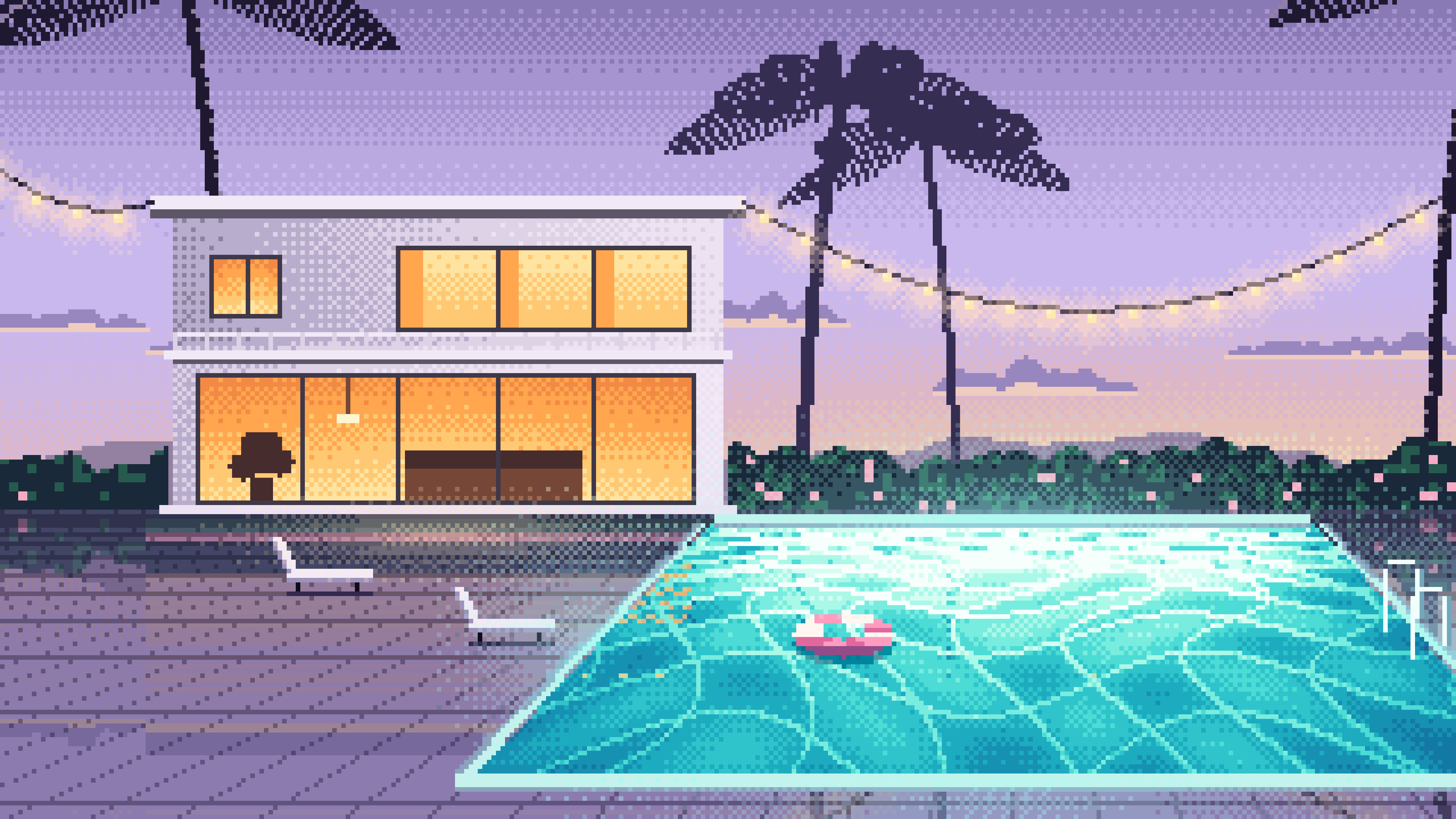 Lavender Pixel Art Swimming Pool at Dusk desktop wallpaper in 4K