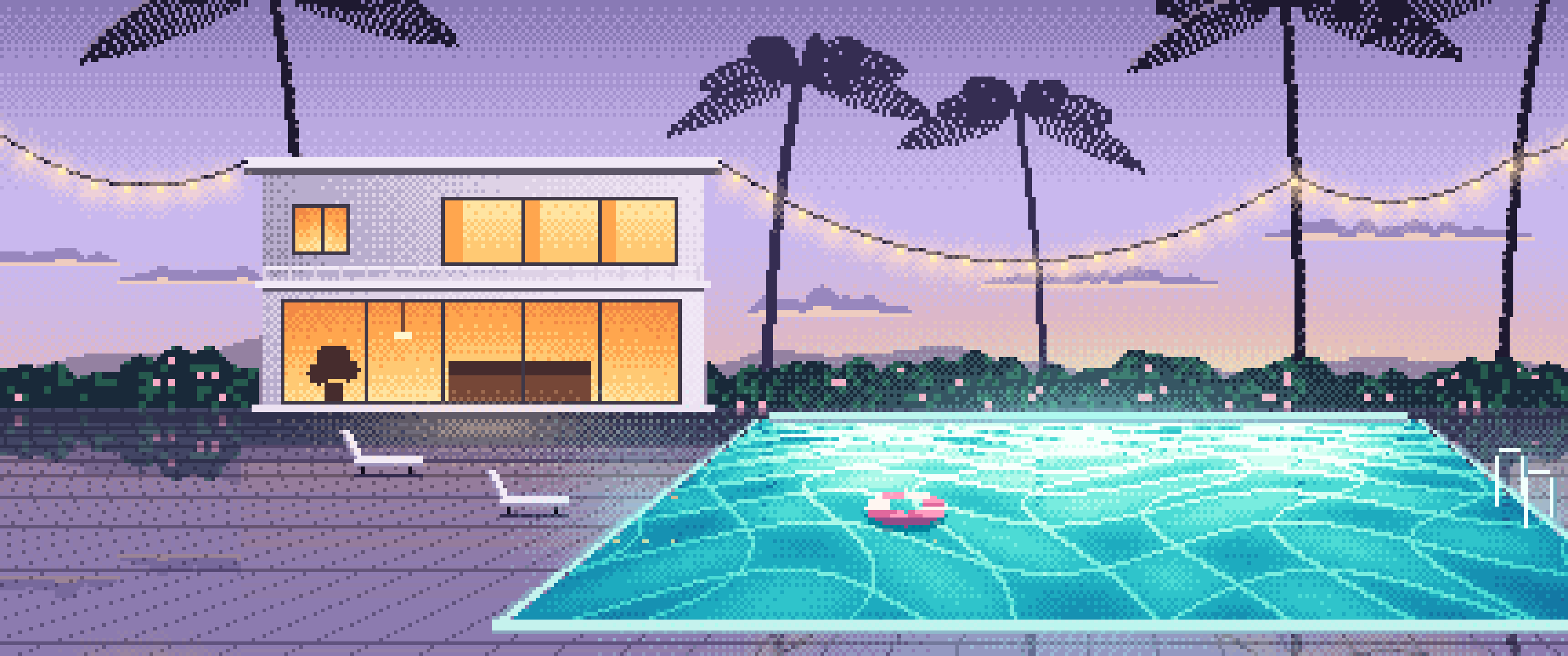 Lavender Pixel Art Swimming Pool at Dusk ultrawide wallpaper, 3440 × 1440