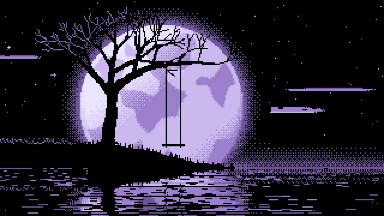 Lavender Pixel Art Tree Swing and Full Moon desktop wallpaper in 4K