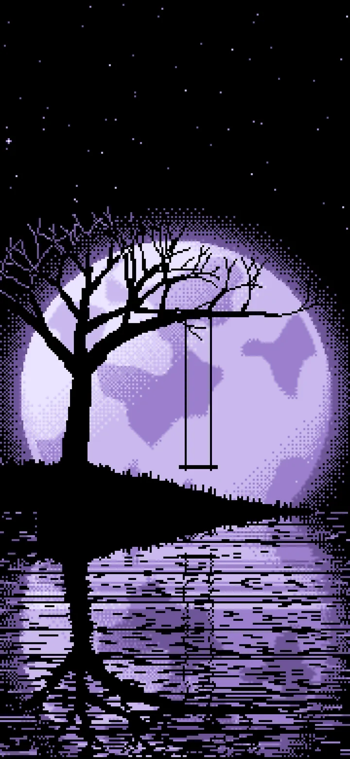 Lavender Pixel Art Tree Swing and Full Moon wallpaper for iPhone and Android