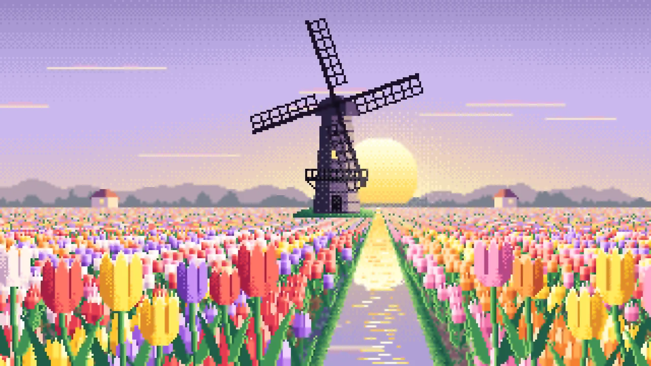 Lavender Pixel Art Tulip Fields and Windmill at Sunrise desktop wallpaper in 4K