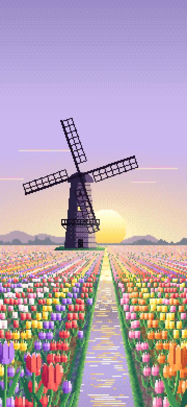 Lavender Pixel Art Tulip Fields and Windmill at Sunrise wallpaper for iPhone and Android