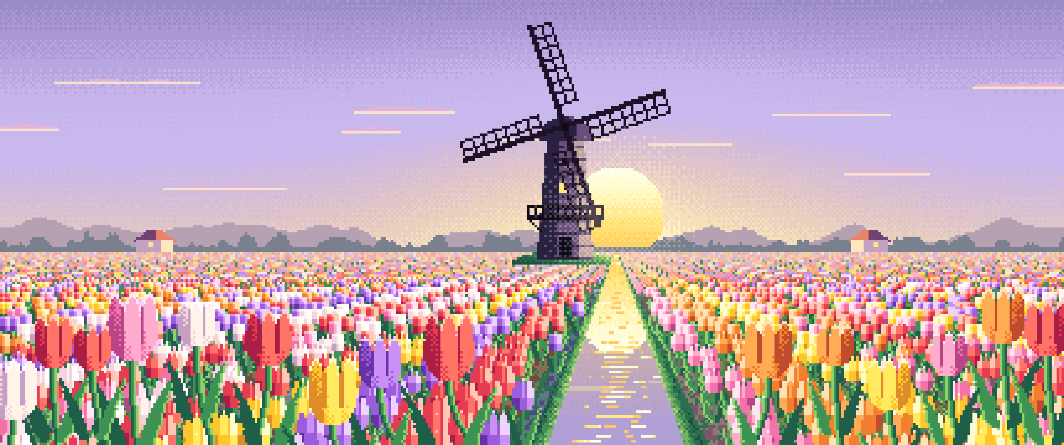 Lavender Pixel Art Tulip Fields and Windmill at Sunrise ultrawide wallpaper, 3440 × 1440