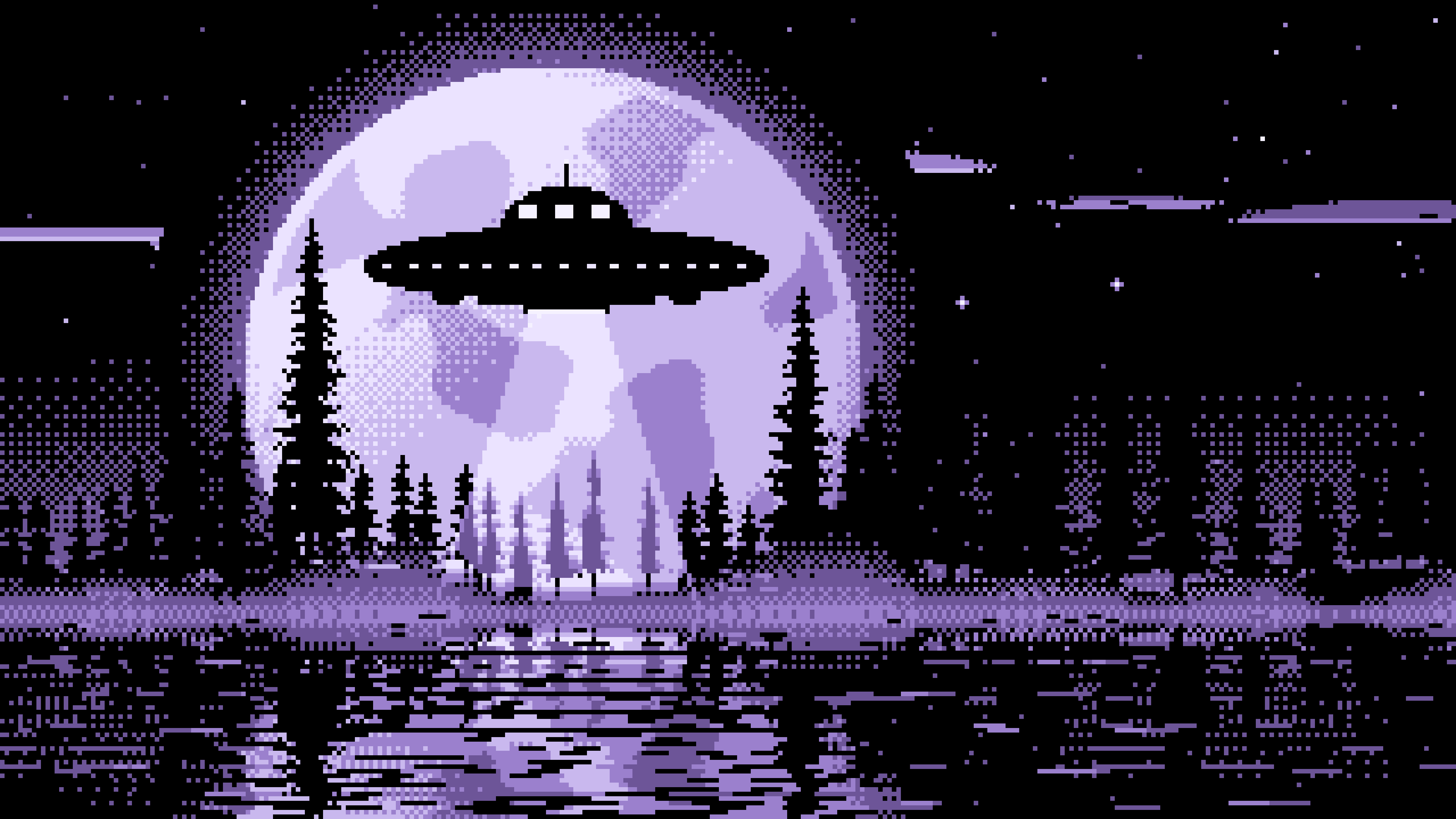 Lavender Pixel Art UFO and Full Moon desktop wallpaper in 4K