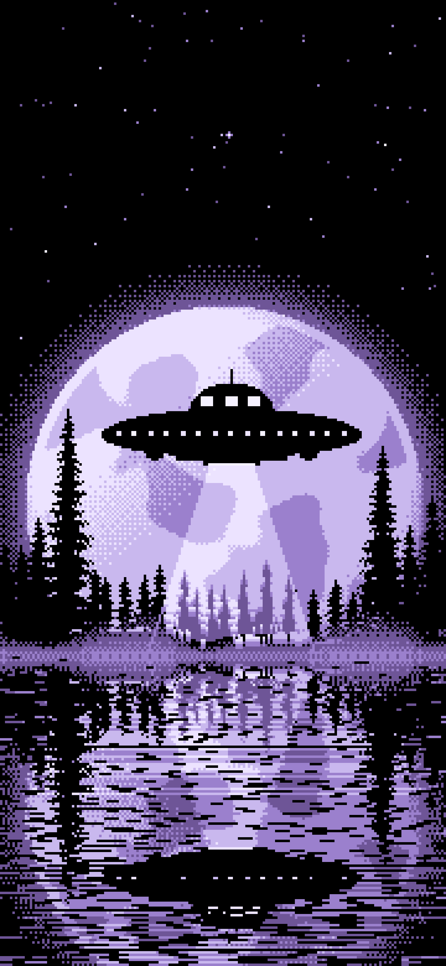 Lavender Pixel Art UFO and Full Moon wallpaper for iPhone and Android