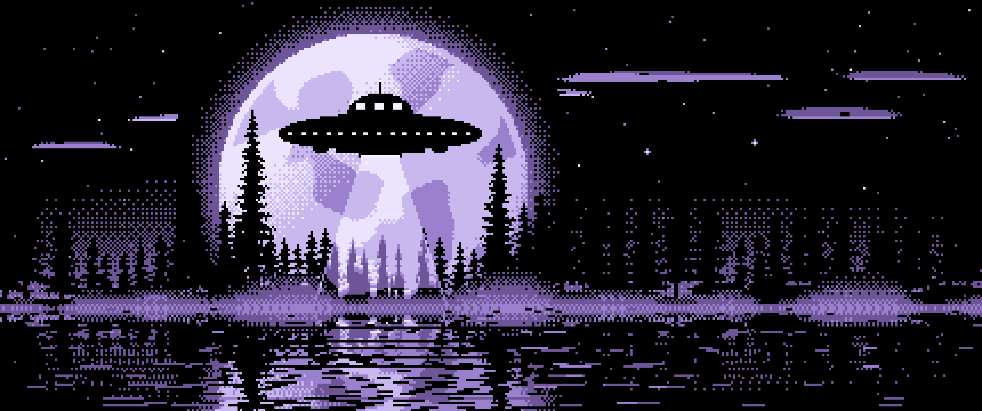 Lavender Pixel Art UFO and Full Moon ultrawide wallpaper, 3440 × 1440