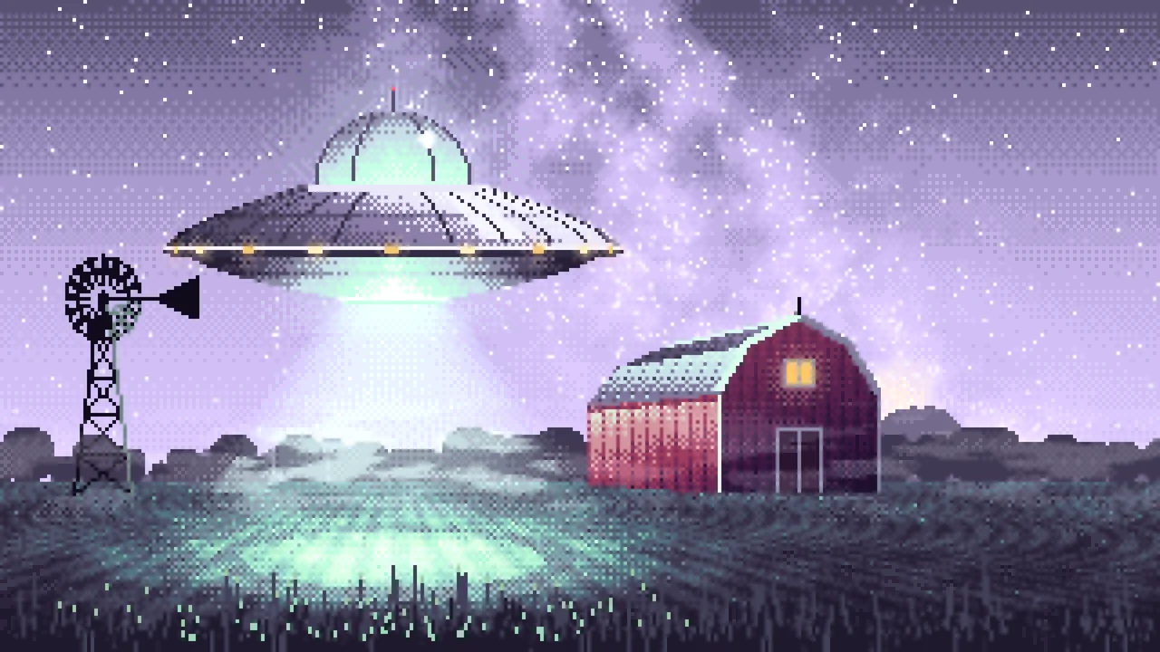 Lavender Pixel Art UFO over a Farm at Night desktop wallpaper in 4K