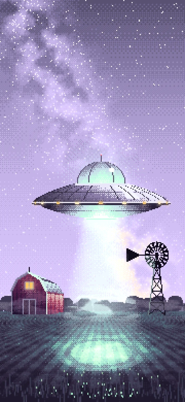 Lavender Pixel Art UFO over a Farm at Night wallpaper for iPhone and Android
