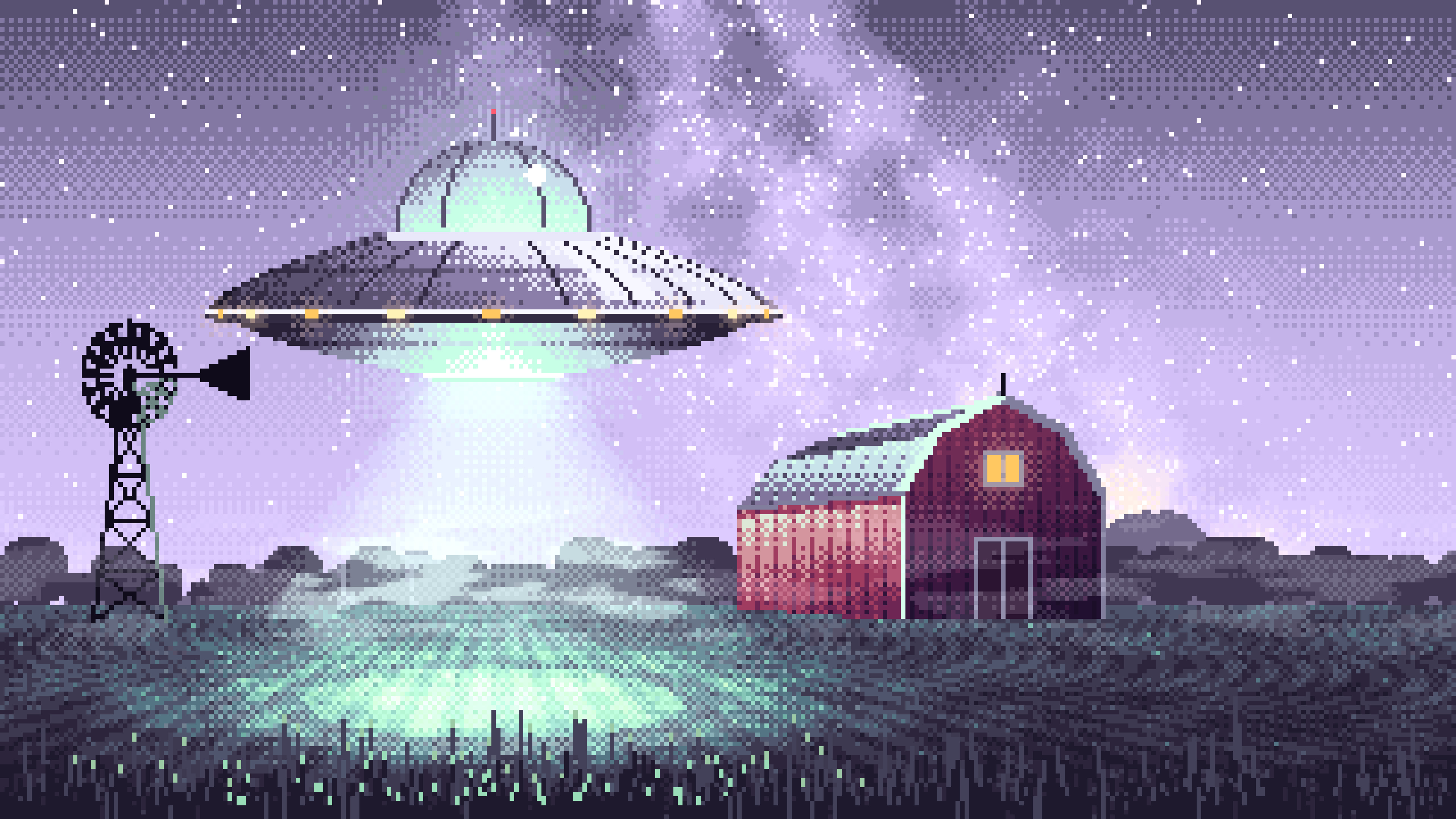Lavender Pixel Art UFO over a Farm at Night desktop wallpaper in 4K