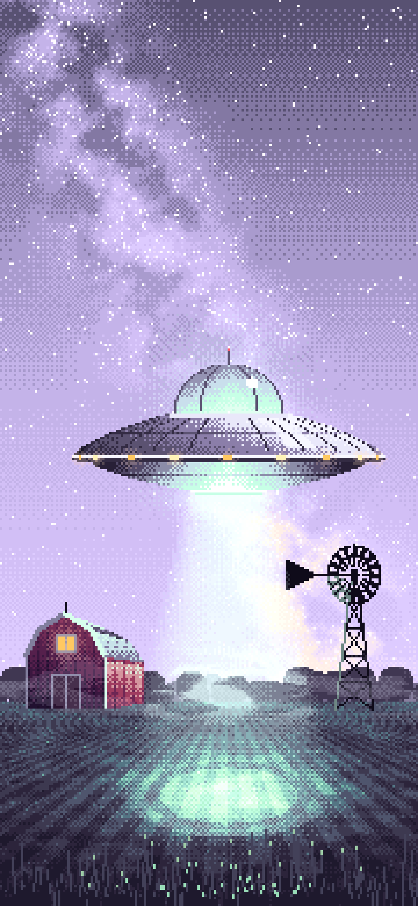 Lavender Pixel Art UFO over a Farm at Night wallpaper for iPhone and Android