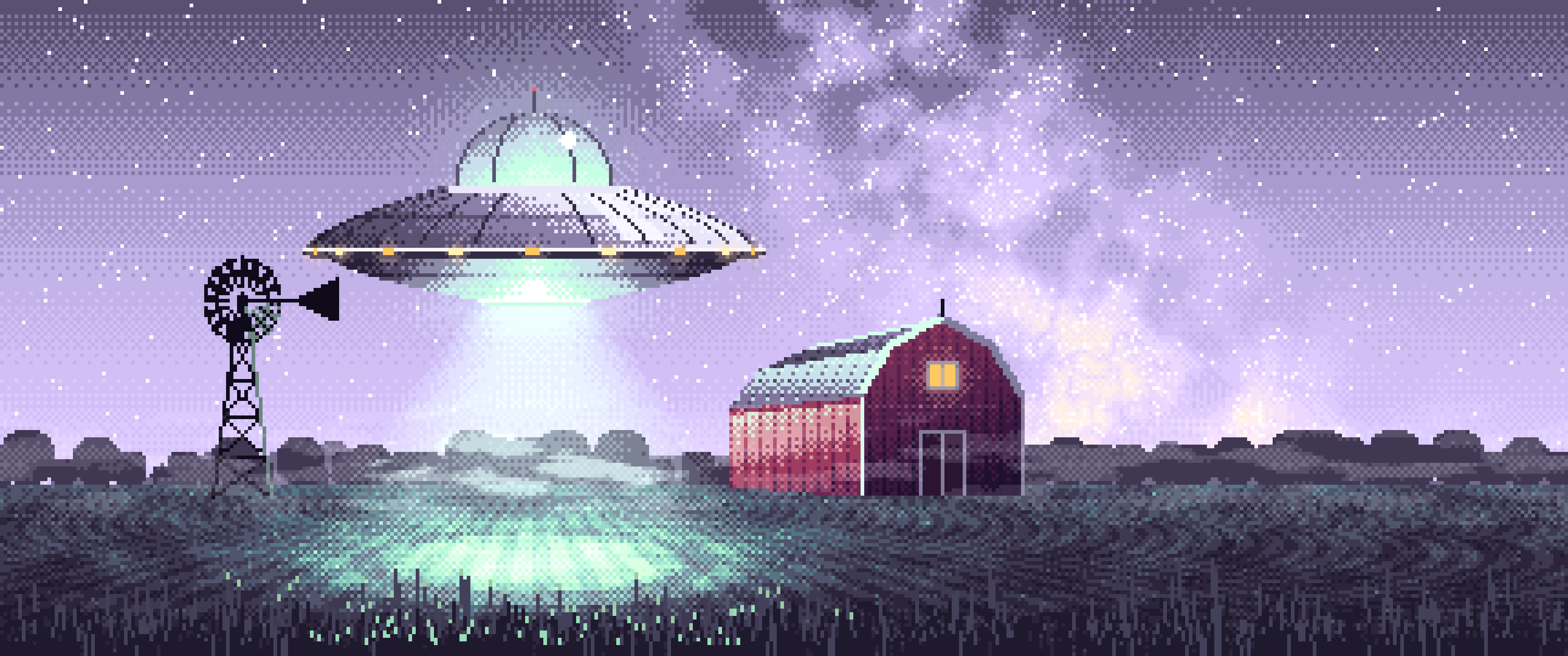 Lavender Pixel Art UFO over a Farm at Night ultrawide wallpaper, 3440 × 1440