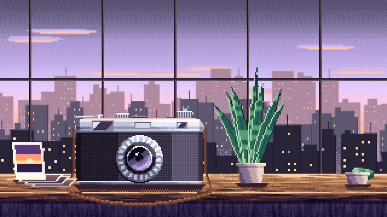 Lavender Pixel Art Vintage Camera on a Windowsill at Dusk desktop wallpaper in 4K