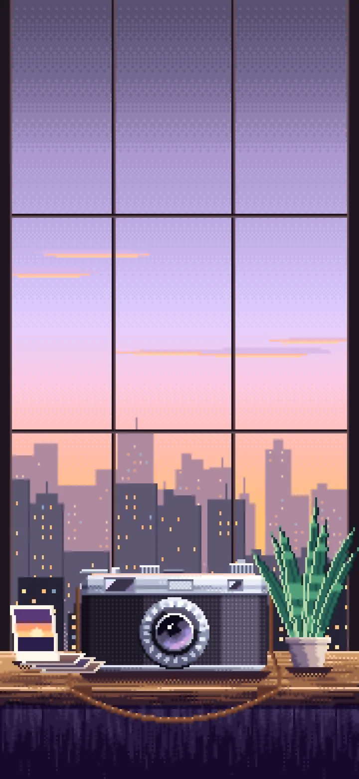 Lavender Pixel Art Vintage Camera on a Windowsill at Dusk wallpaper for iPhone and Android