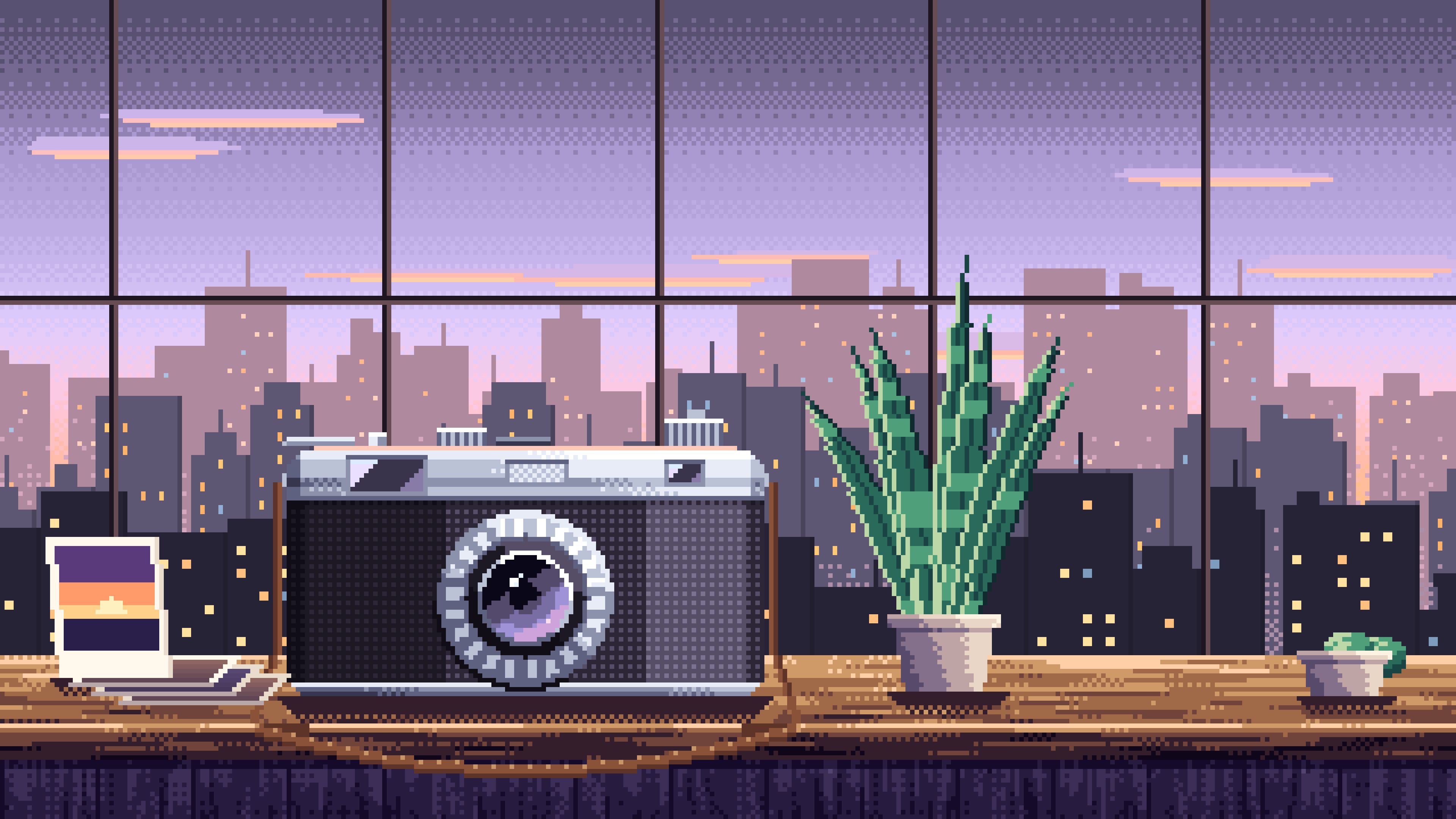 Lavender Pixel Art Vintage Camera on a Windowsill at Dusk desktop wallpaper in 4K