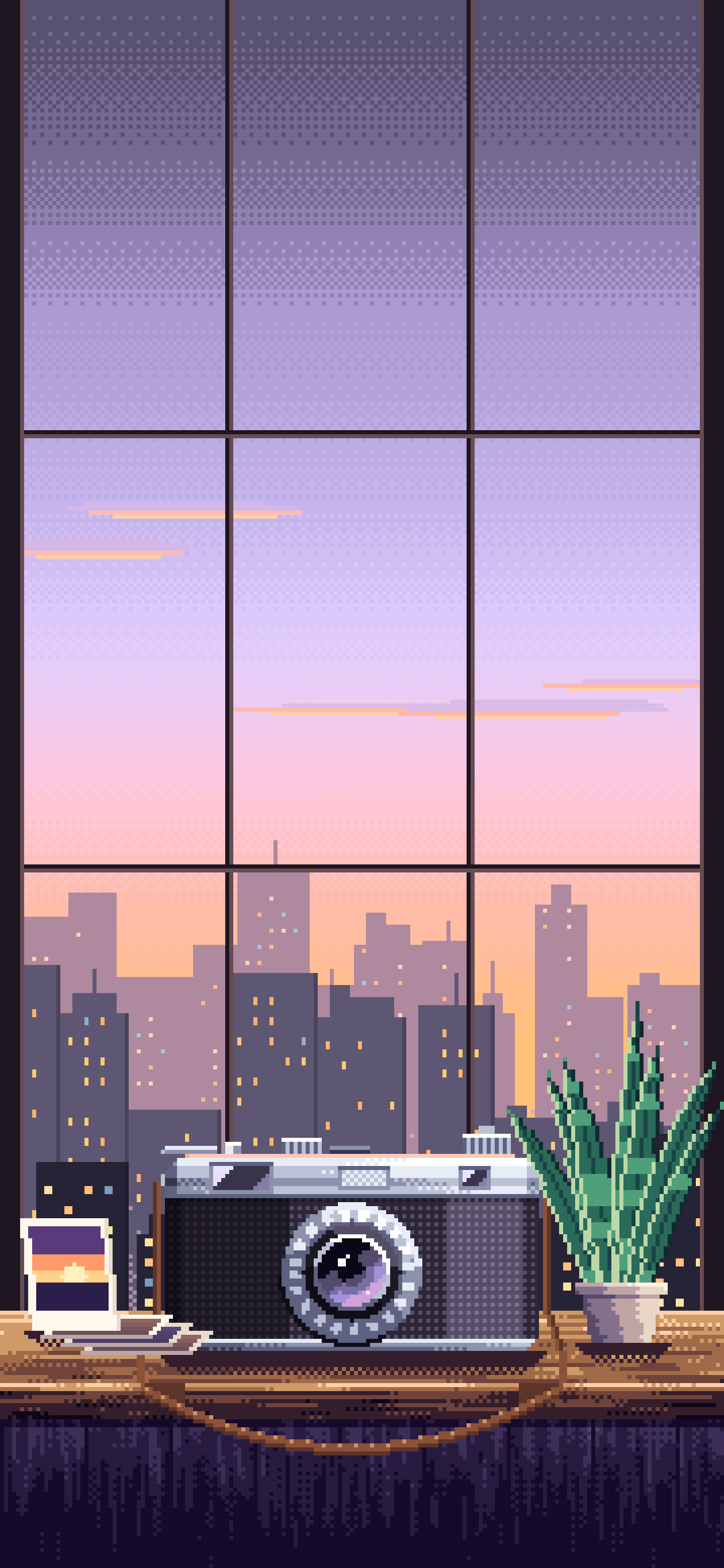 Lavender Pixel Art Vintage Camera on a Windowsill at Dusk wallpaper for iPhone and Android