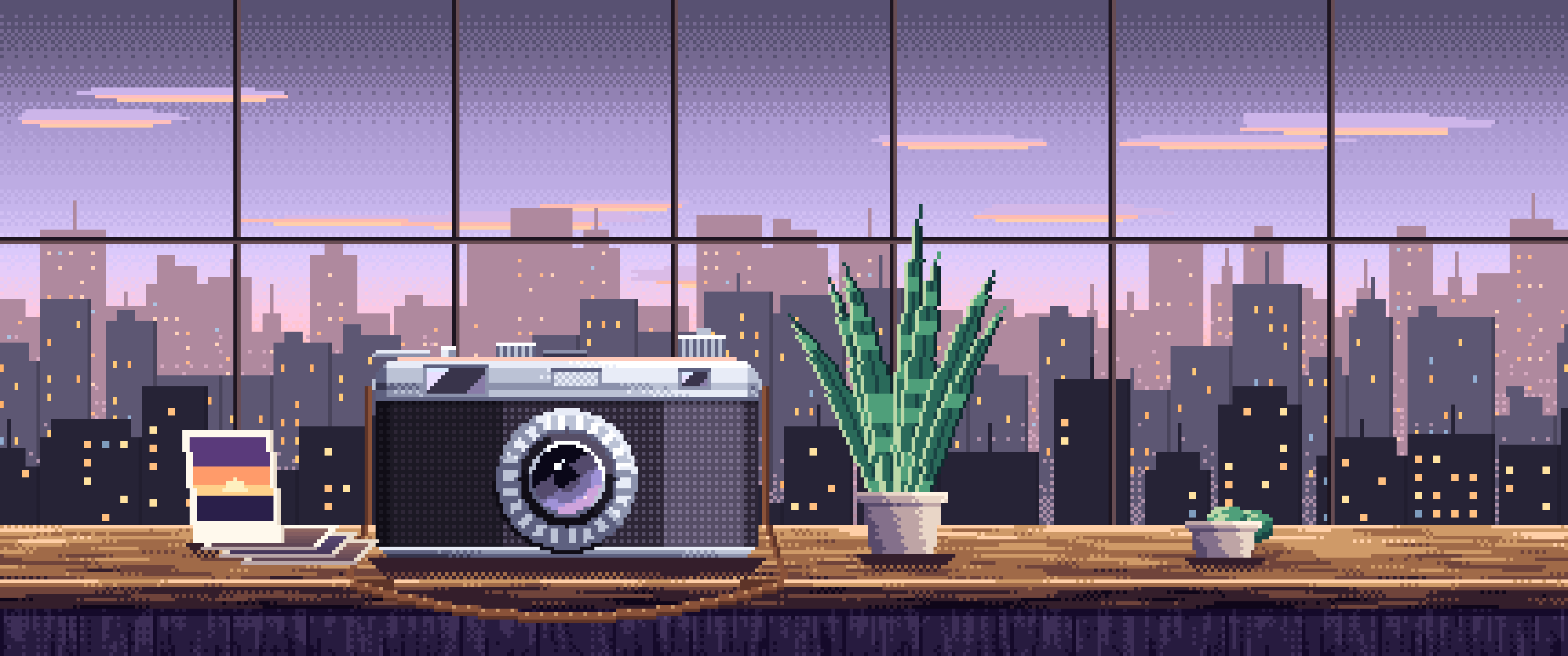 Lavender Pixel Art Vintage Camera on a Windowsill at Dusk ultrawide wallpaper, 3440 × 1440