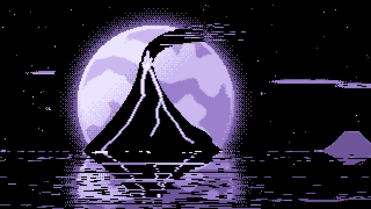 Lavender Pixel Art Volcano and Full Moon desktop wallpaper in 4K
