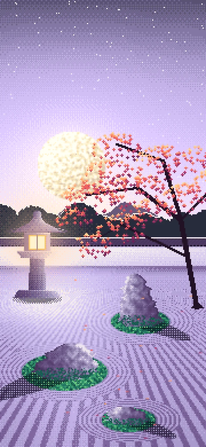Lavender Pixel Art Zen Garden and Moon wallpaper for iPhone and Android
