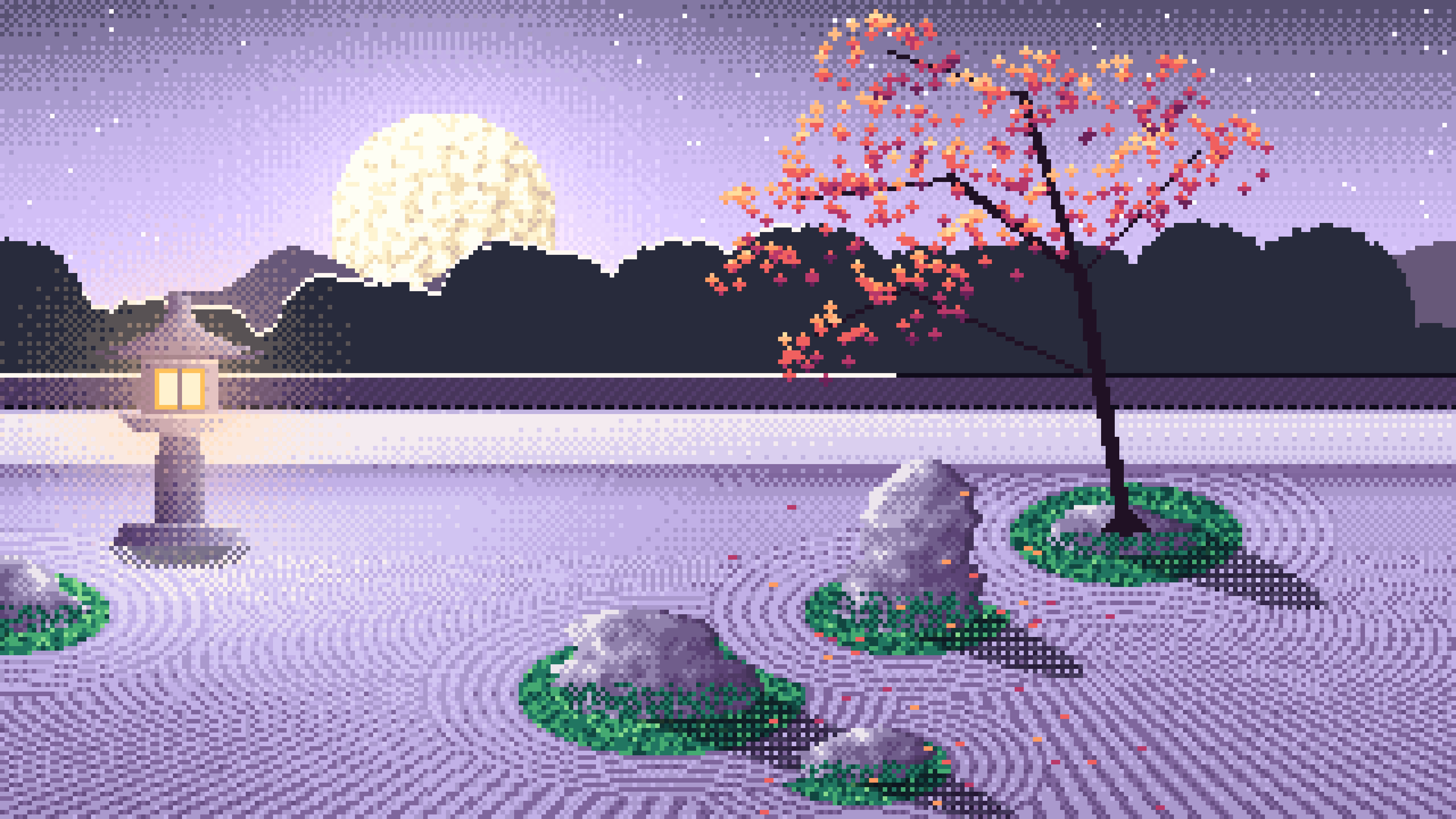 Lavender Pixel Art Zen Garden and Moon desktop wallpaper in 4K