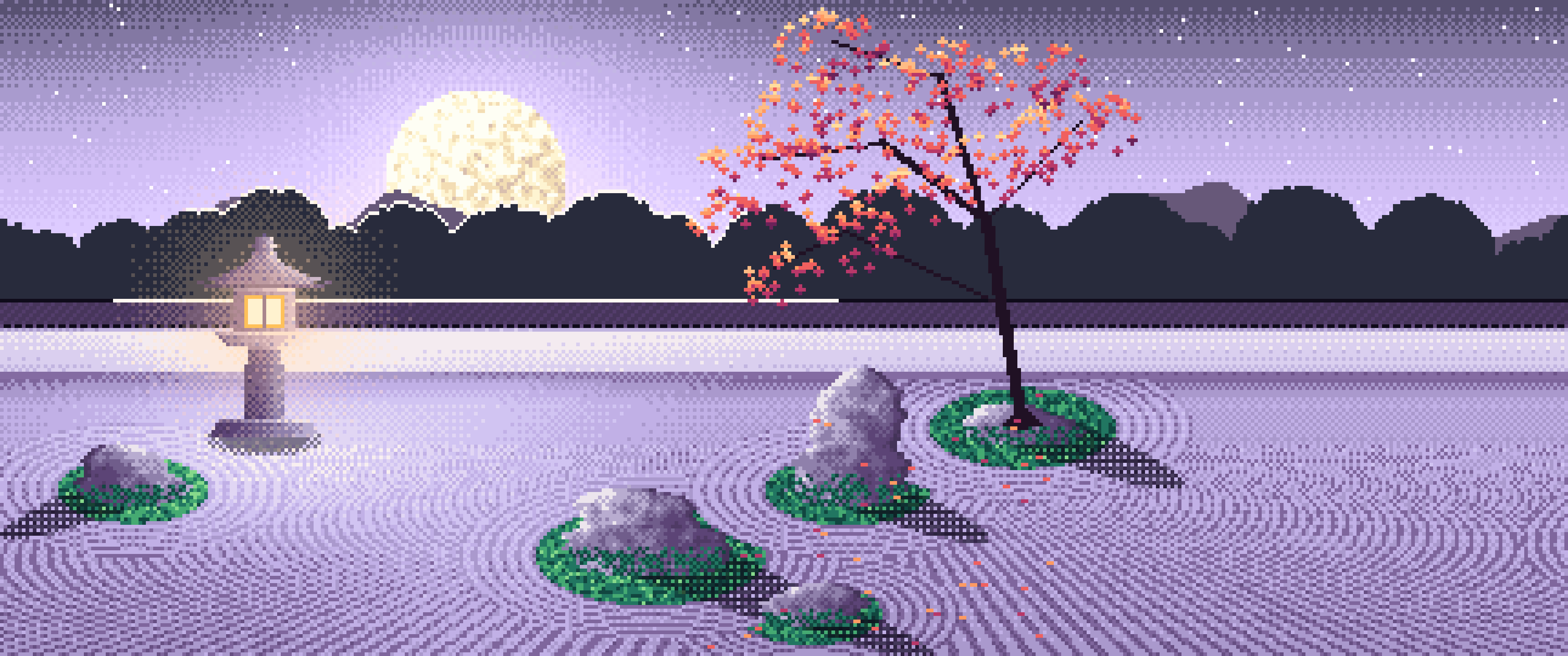 Lavender Pixel Art Zen Garden and Moon ultrawide wallpaper, 3440 × 1440