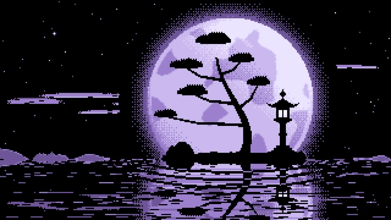 Lavender Pixel Art Zen Stone Lantern and Full Moon desktop wallpaper in 4K
