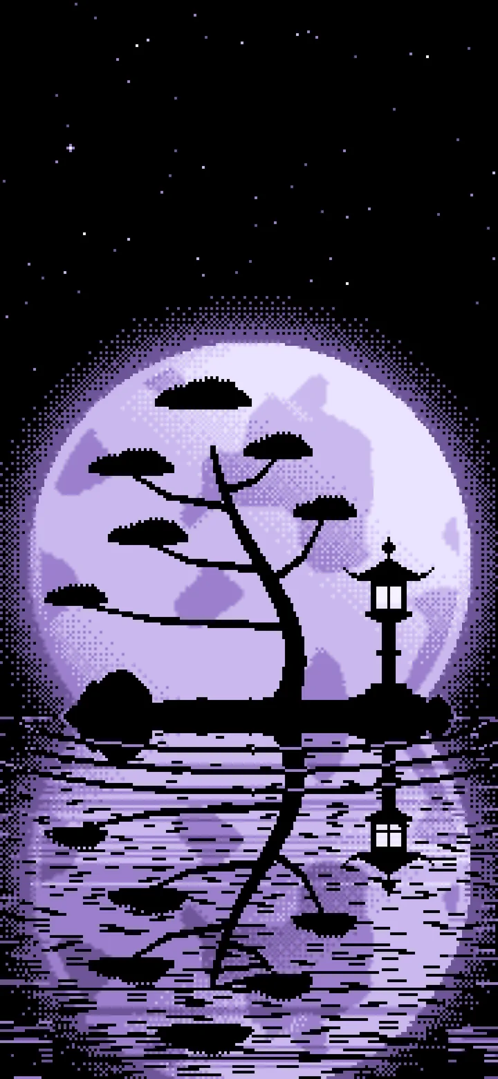 Lavender Pixel Art Zen Stone Lantern and Full Moon wallpaper for iPhone and Android