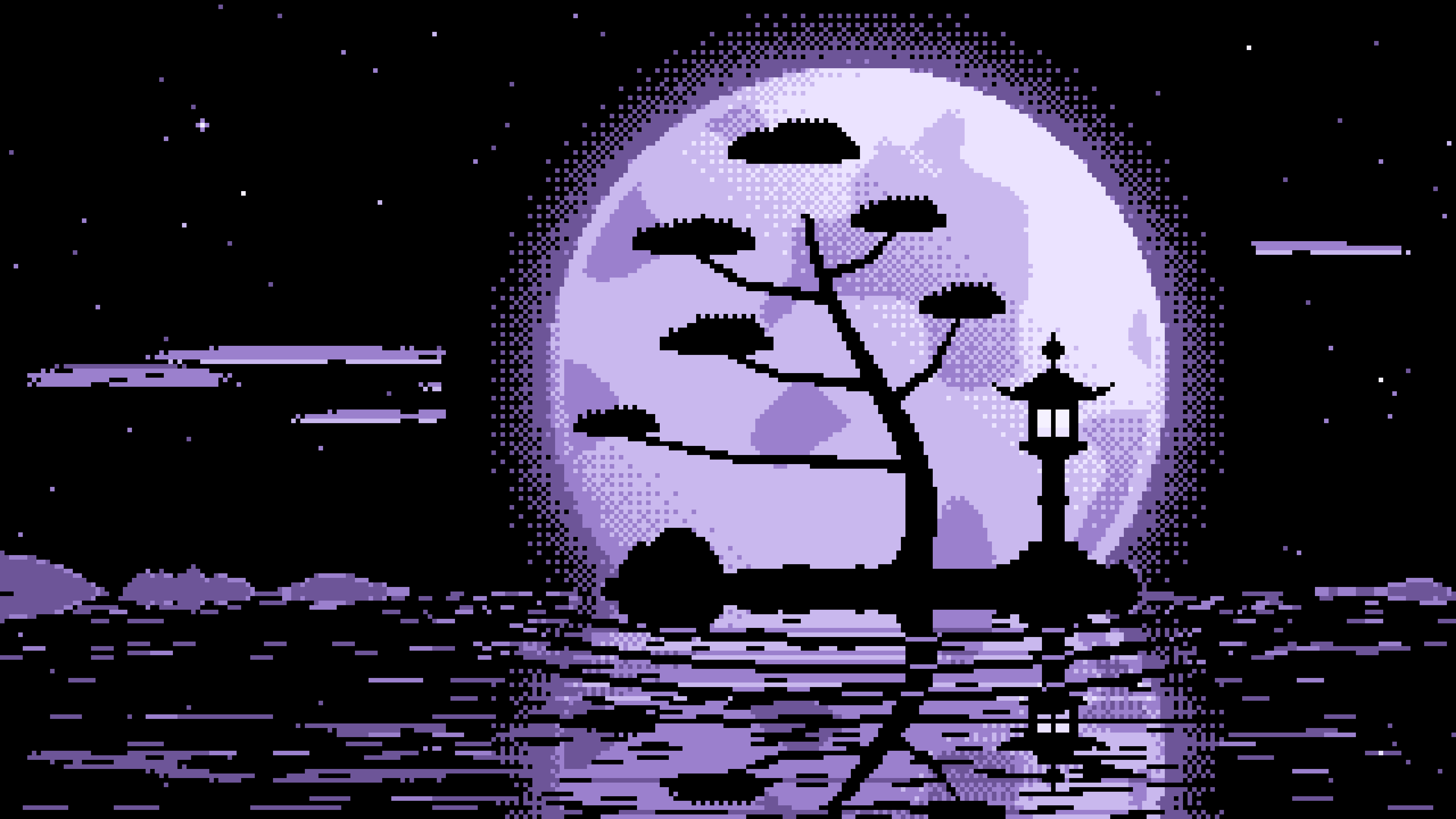 Lavender Pixel Art Zen Stone Lantern and Full Moon desktop wallpaper in 4K