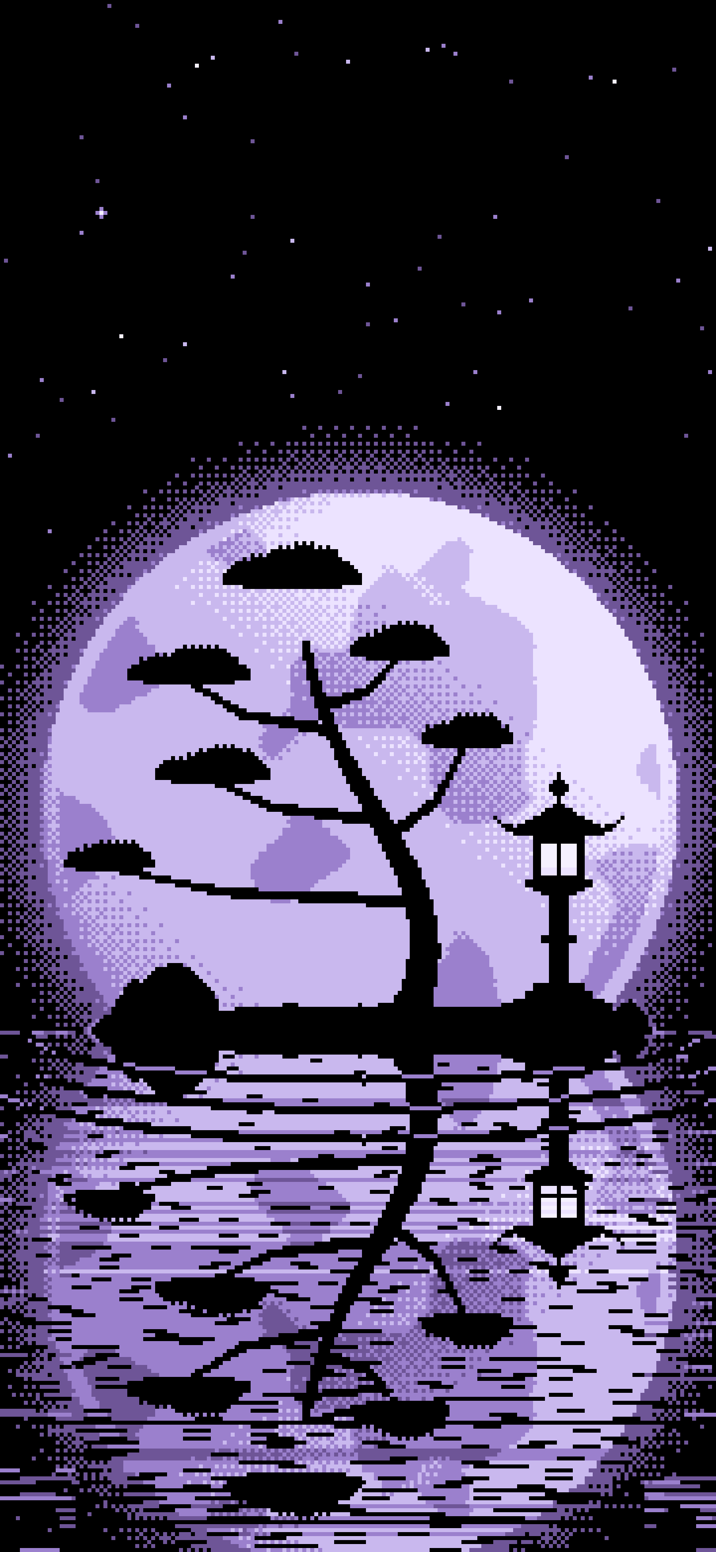 Lavender Pixel Art Zen Stone Lantern and Full Moon wallpaper for iPhone and Android