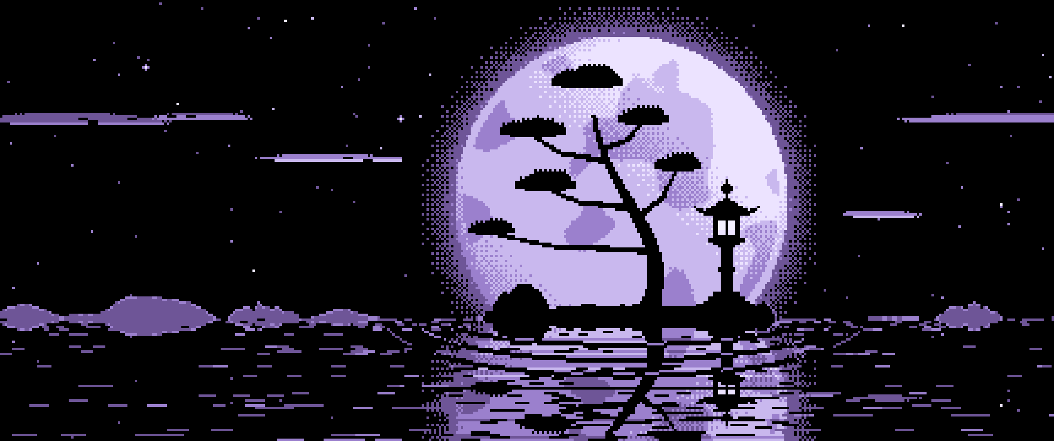 Lavender Pixel Art Zen Stone Lantern and Full Moon ultrawide wallpaper, 3440 × 1440