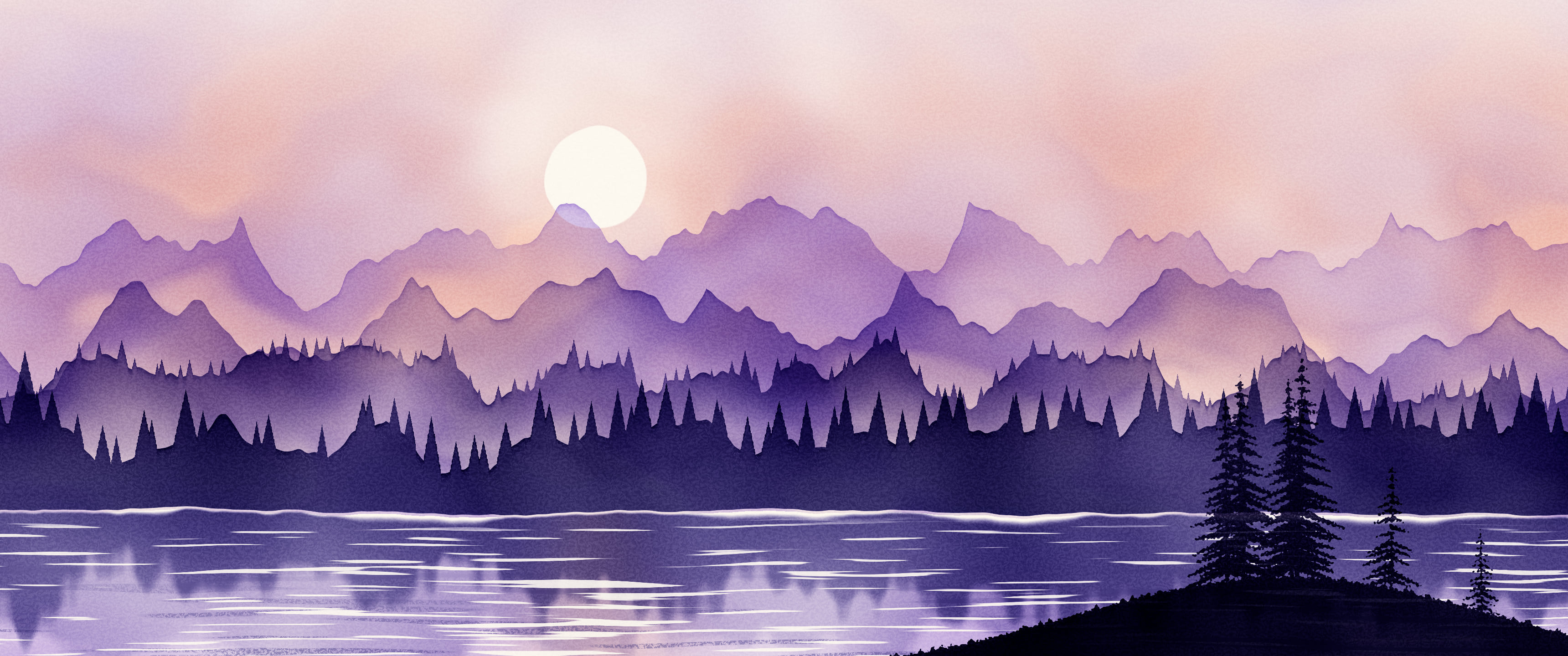 Lavender Watercolor Mountain Landscape ultrawide wallpaper, 3440 × 1440