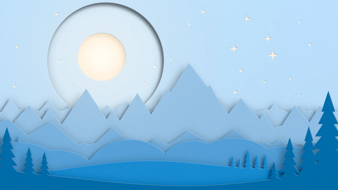Light Blue 3D Paper Cut Mountains and Moon desktop wallpaper in 4K