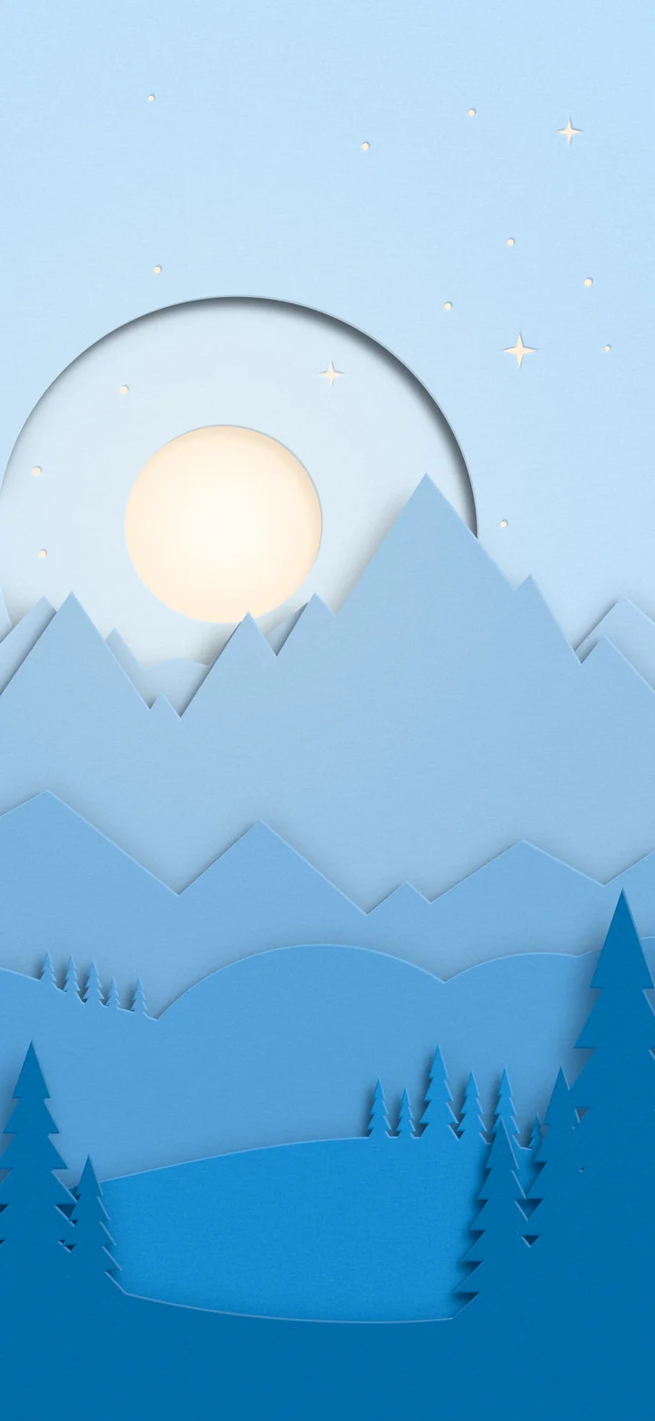 Light Blue 3D Paper Cut Mountains and Moon wallpaper for iPhone and Android