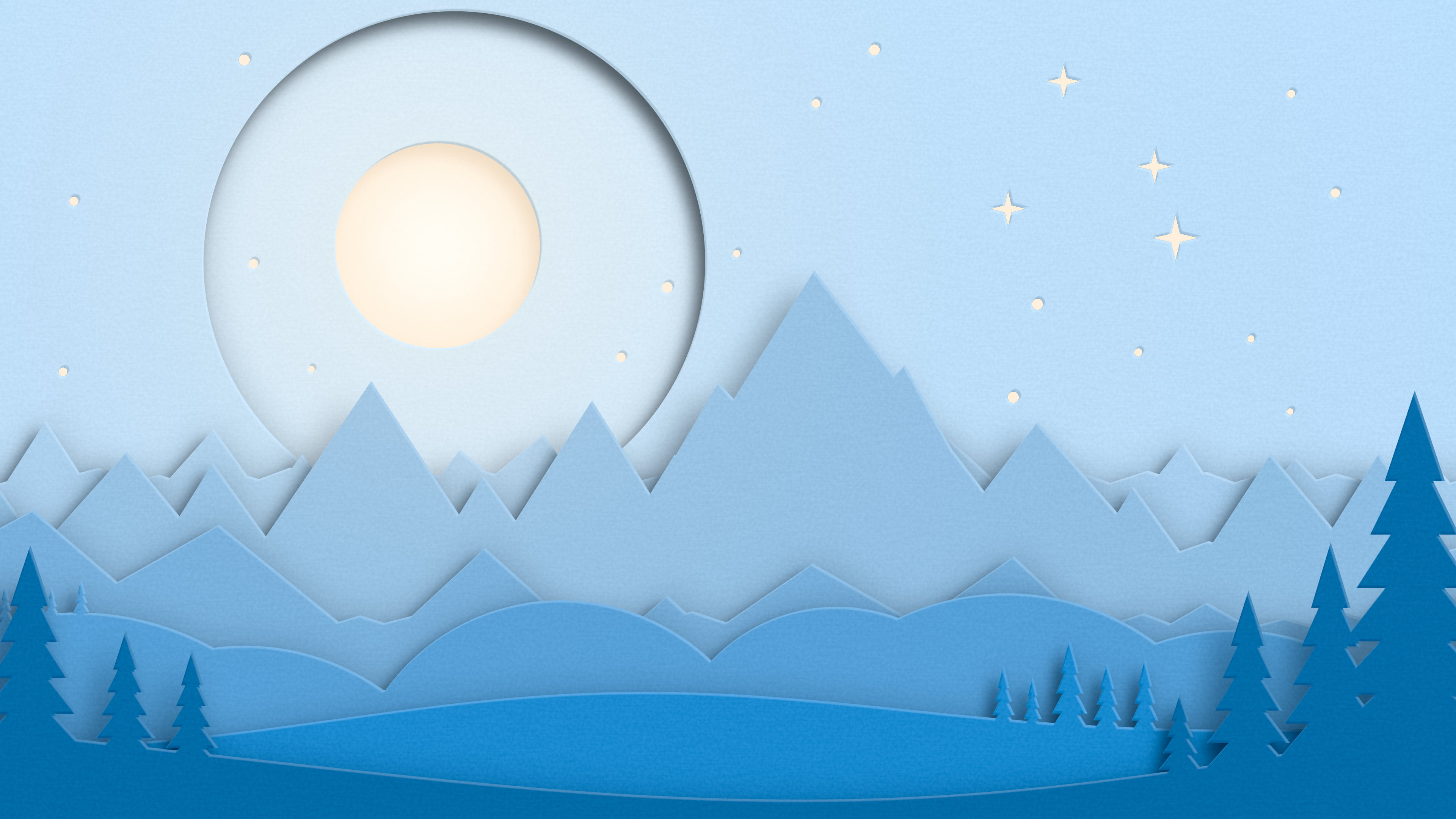 Light Blue 3D Paper Cut Mountains and Moon desktop wallpaper in 4K