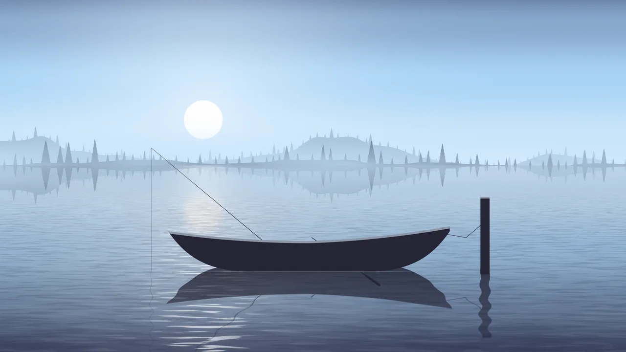 Light Blue Fishing Rowboat on a Misty Lake desktop wallpaper in 4K