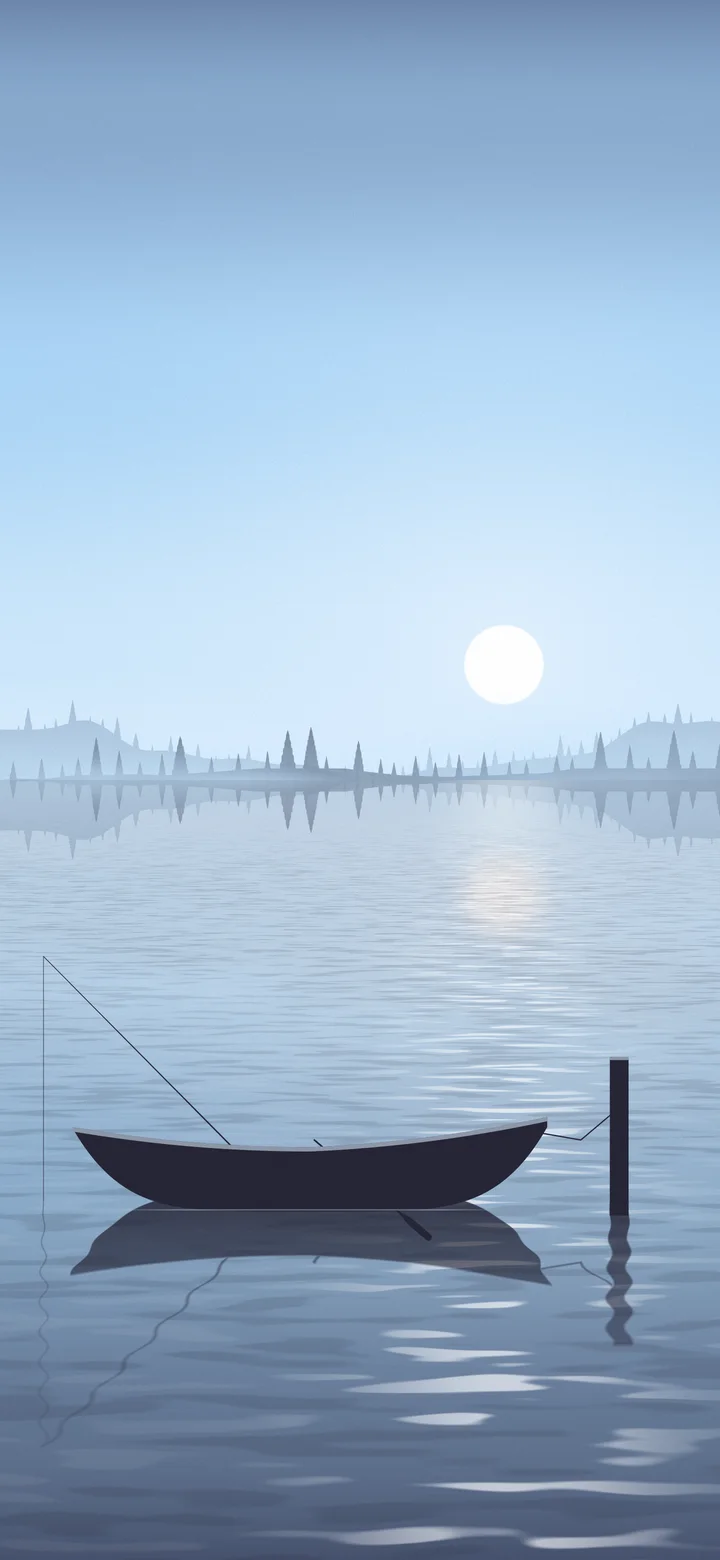 Light Blue Fishing Rowboat on a Misty Lake wallpaper for iPhone and Android