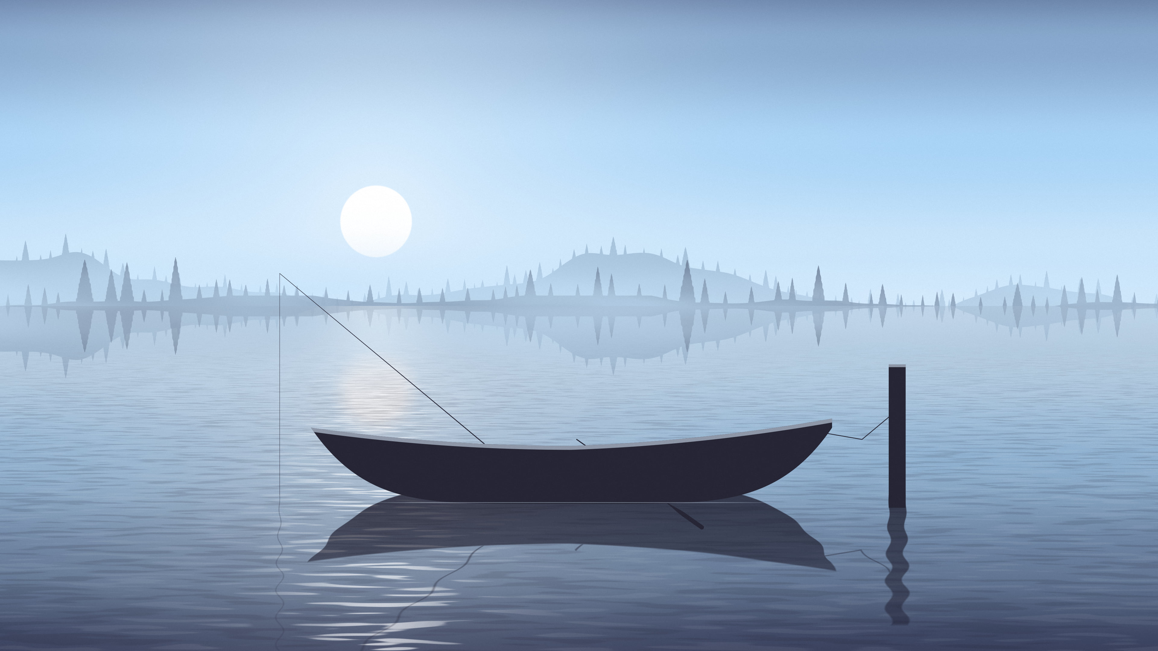 Light Blue Fishing Rowboat on a Misty Lake desktop wallpaper in 4K