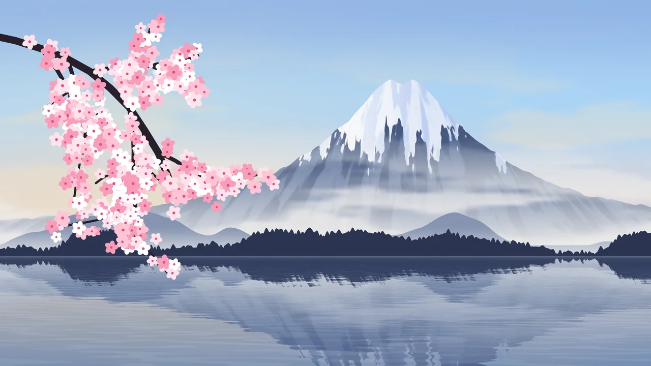 Light Blue Japanese Mountain and Cherry Blossom desktop wallpaper in 4K